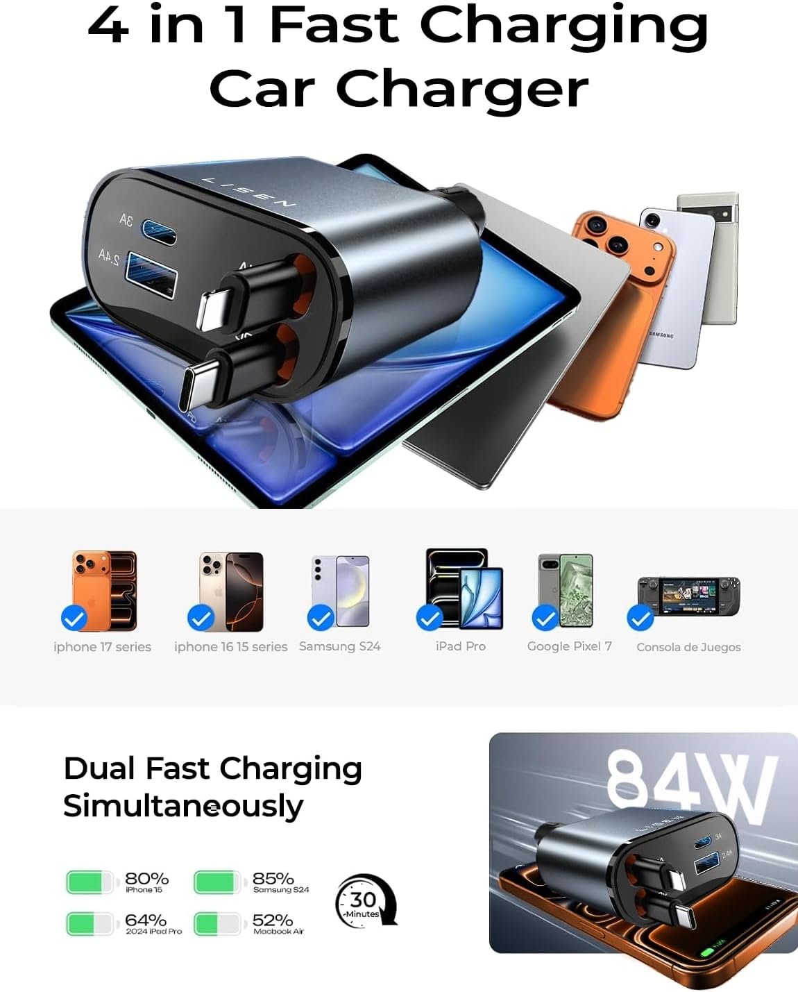 LISEN Retractable Car Charger, Upgrade 84W Car Charger USB C Fast Charge Unique 2026 Car Accessories for Mom Dad Him Her, Gifts for Men Women, for iPhone 17 16 15 14 13 12 11 X - Image 7