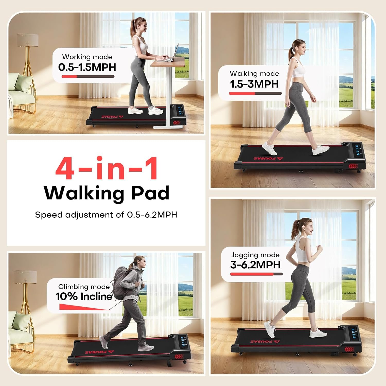 Walking Pad with 10% Incline Treadmills for Home, 4 in 1 6.2MPH Walking Pad Under Desk Treadmill with Full Screen LED Display, 2.75HP Brushless Drive, 12 HIIT Programs, 350 LBS Weight Capacity - Image 3
