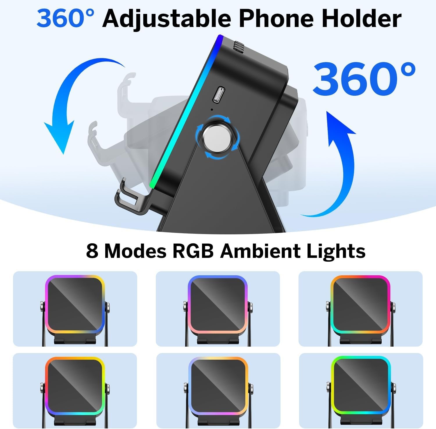 Wireless Induction Speaker 5-in-1 Bluetooth Speaker with Phone Stand,Stereo Sound, 3500mAh Rechargeable, 8 RGB Ambient Light, 360° Adjustable Holder for iPhone/Android/iPad,Gifts for Men Women (Black) - Image 6