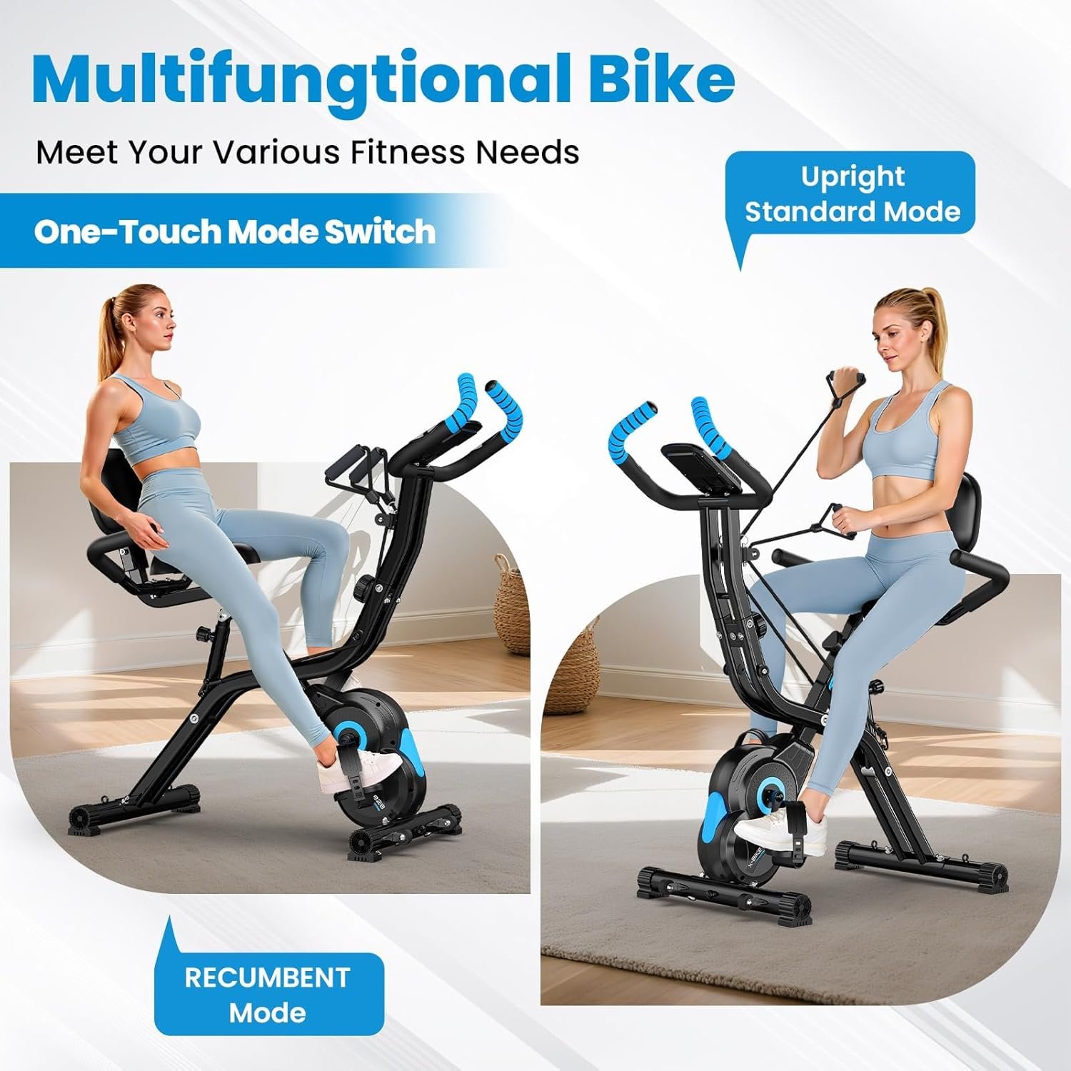 Foldable Exercise Bike, Multifunctional Indoor Stationary Bikes for Home with 8-Level Magnetic Resistance, Quiet Workout Bike with Arm Resistance Bands, LCD Monitor, 300LBS Capacity - Image 4