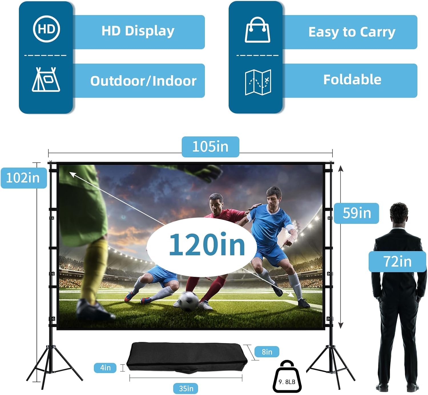 TOWOND Projector Screen and Stand, 120 inch Outdoor Projection Screen, Portable 16:9 4K HD Rear Front Movie Screen with Carry Bag Wrinkle-Free Design for Home Theater Backyard Cinema - Image 4