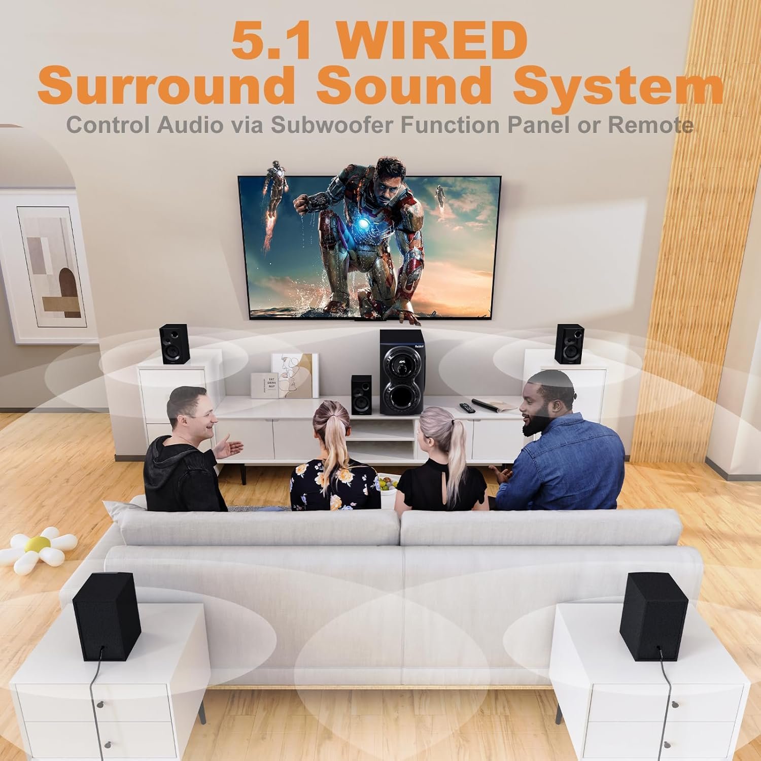 Bobtot Surround Sound Systems 1400 Watts Peak Power Home Theater Speakers - 12" Subwoofer Strong Bass 5.1 Wired Loud Stereo Audio System with ARC Optical Bluetooth Input for TV - Image 3