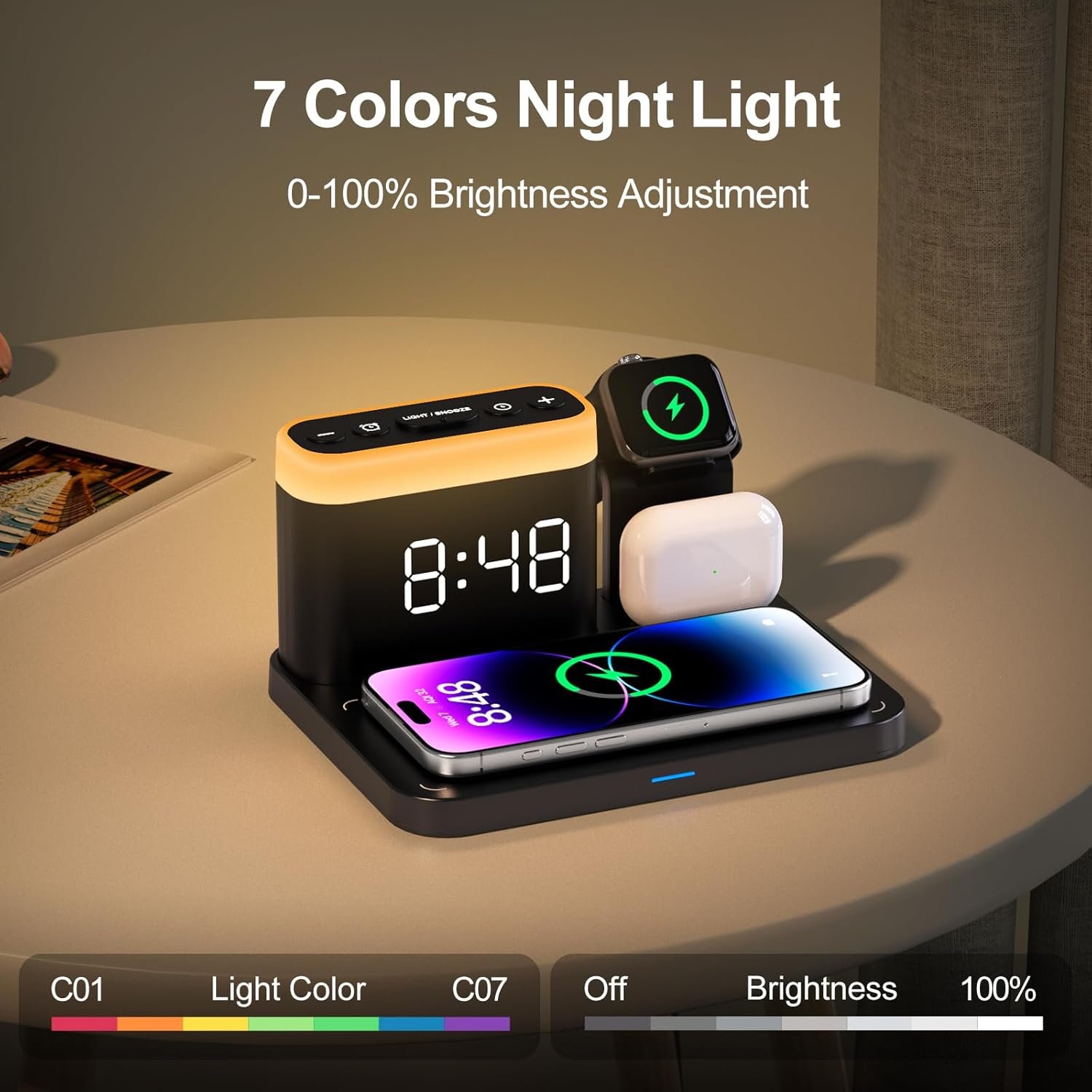 ANJANK Wireless Charging Station,5 in 1 Multiple Charger Stand with Alarm Clock,7 Night Light,Mag-Safe Charging Dock for iPhone 17 16 15 14 13 12 Pro Max Plus,Apple Watch 11/10/9/8,for Airpods,Bedroom - Image 6
