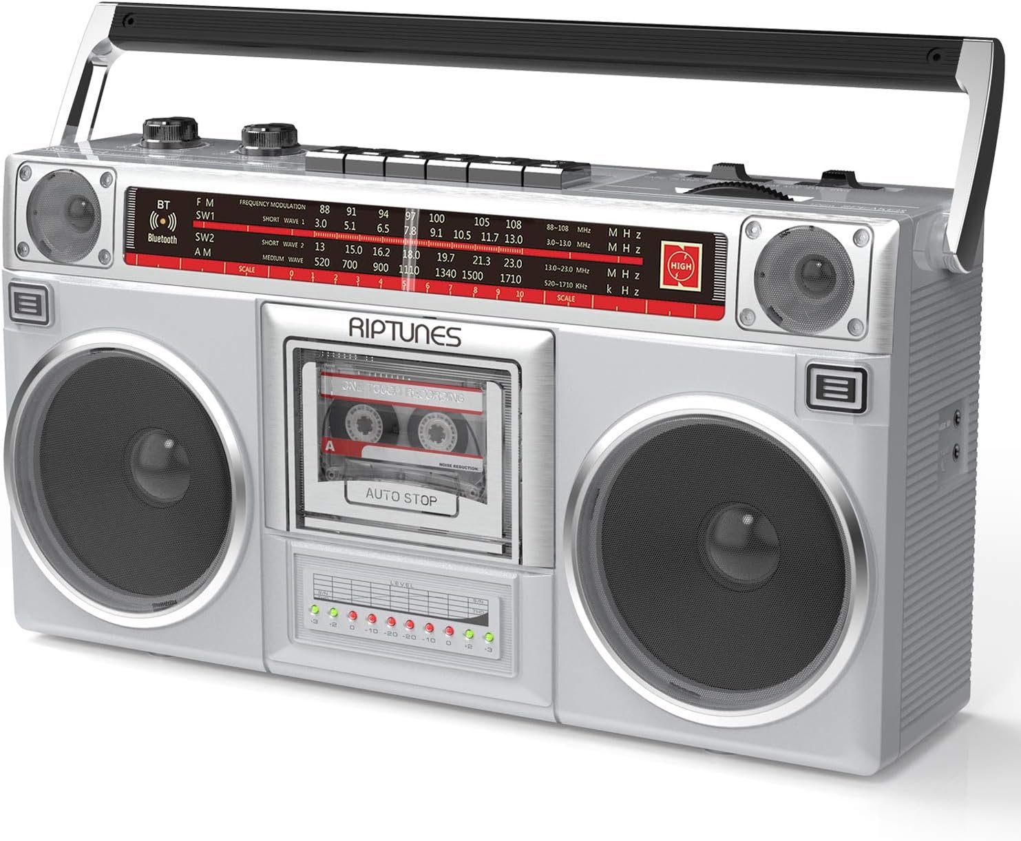 RIPTUNES Boombox Radio Cassette Player Recorder, AM/FM -SW1/SW2 Radio, Wireless Streaming, USB/Micro SD Slots, Aux in, Headphone Jack, Convert Cassettes to USB/SD, Classic 80s Style Retro, Silver - Image 8