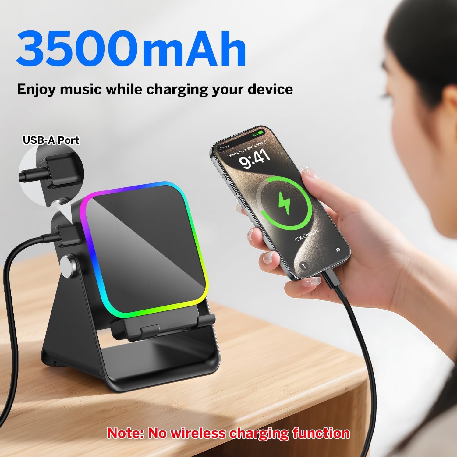 Wireless Induction Speaker 5-in-1 Bluetooth Speaker with Phone Stand,Stereo Sound, 3500mAh Rechargeable, 8 RGB Ambient Light, 360° Adjustable Holder for iPhone/Android/iPad,Gifts for Men Women (Black) - Image 5