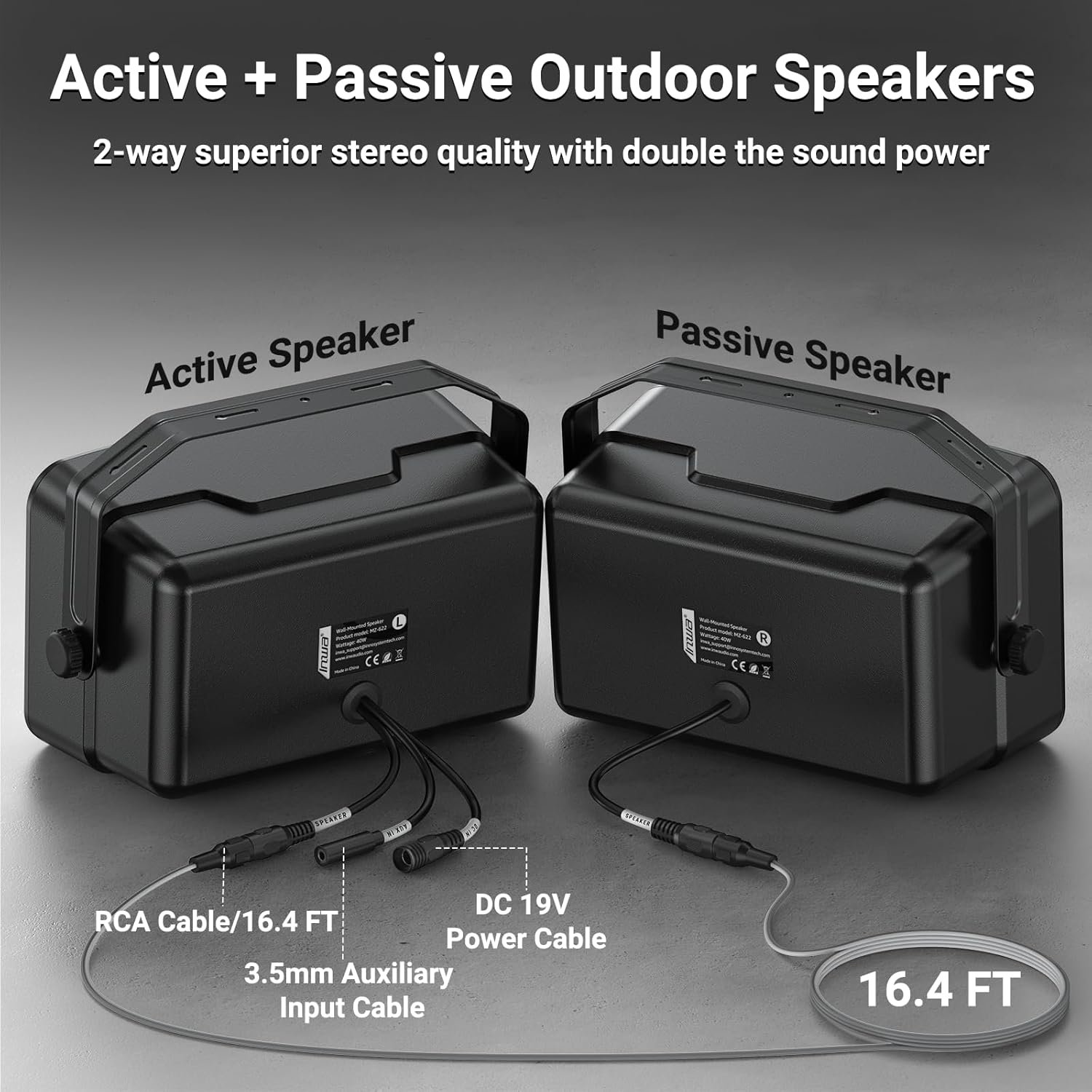 Inwa Upgraded 400W Outdoor Bluetooth Speakers Pair - Active Passive Wall Mount Stereo Speaker, Wireless Multi-Speaker Connection with Auracast, Sound System w/Aux for Porch, Patio, Garage, Home - Image 5