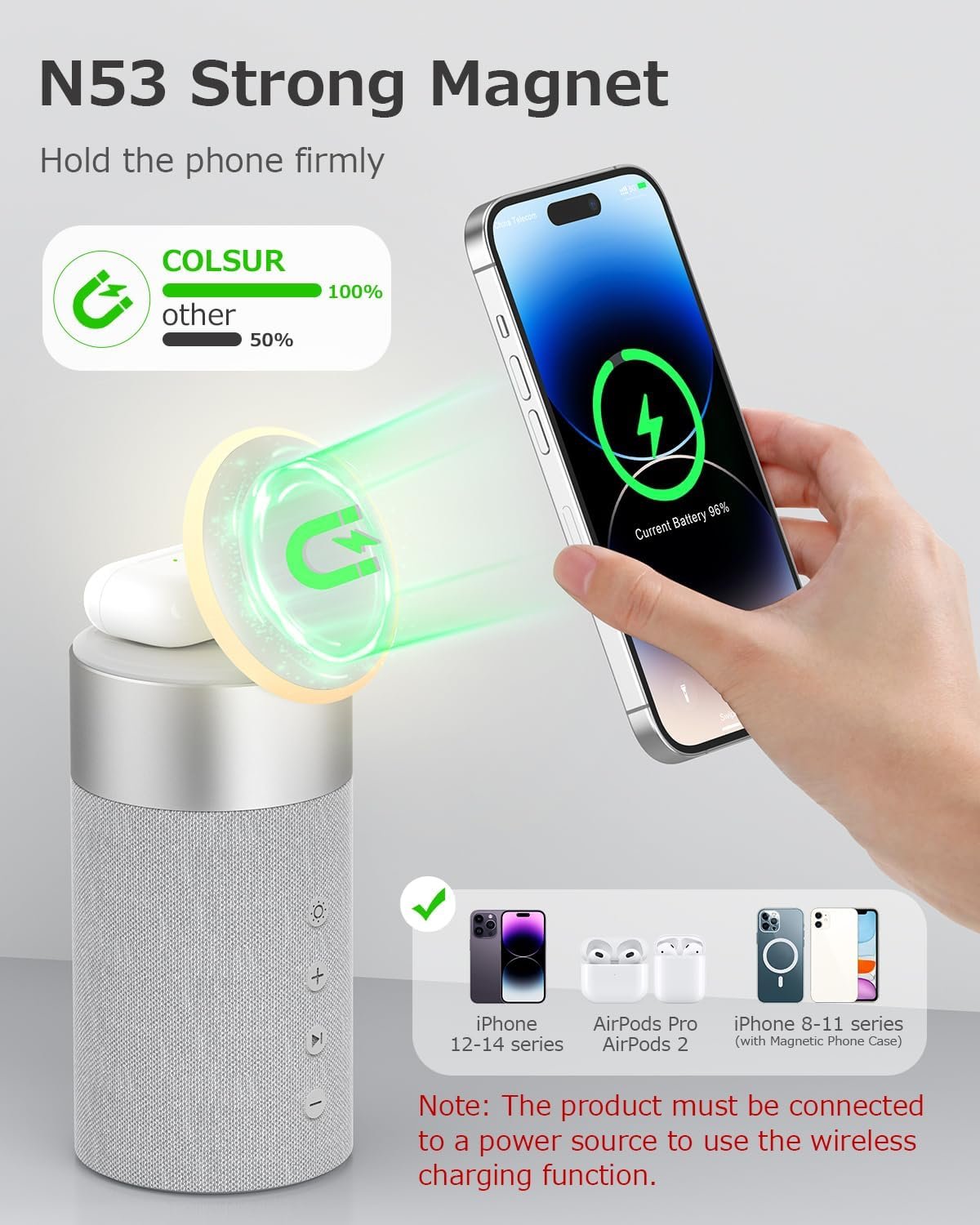 COLSUR Bluetooth Speaker, Magnetic Wireless Charger, Bluetooth Speakers with Night Light, 2 in 1 Wireless Charging Station for iPhone 17/16/15/14/13/12 Series, AirPods Pro 2/4/3/2(Gift Ideal)(Gray) - Image 4