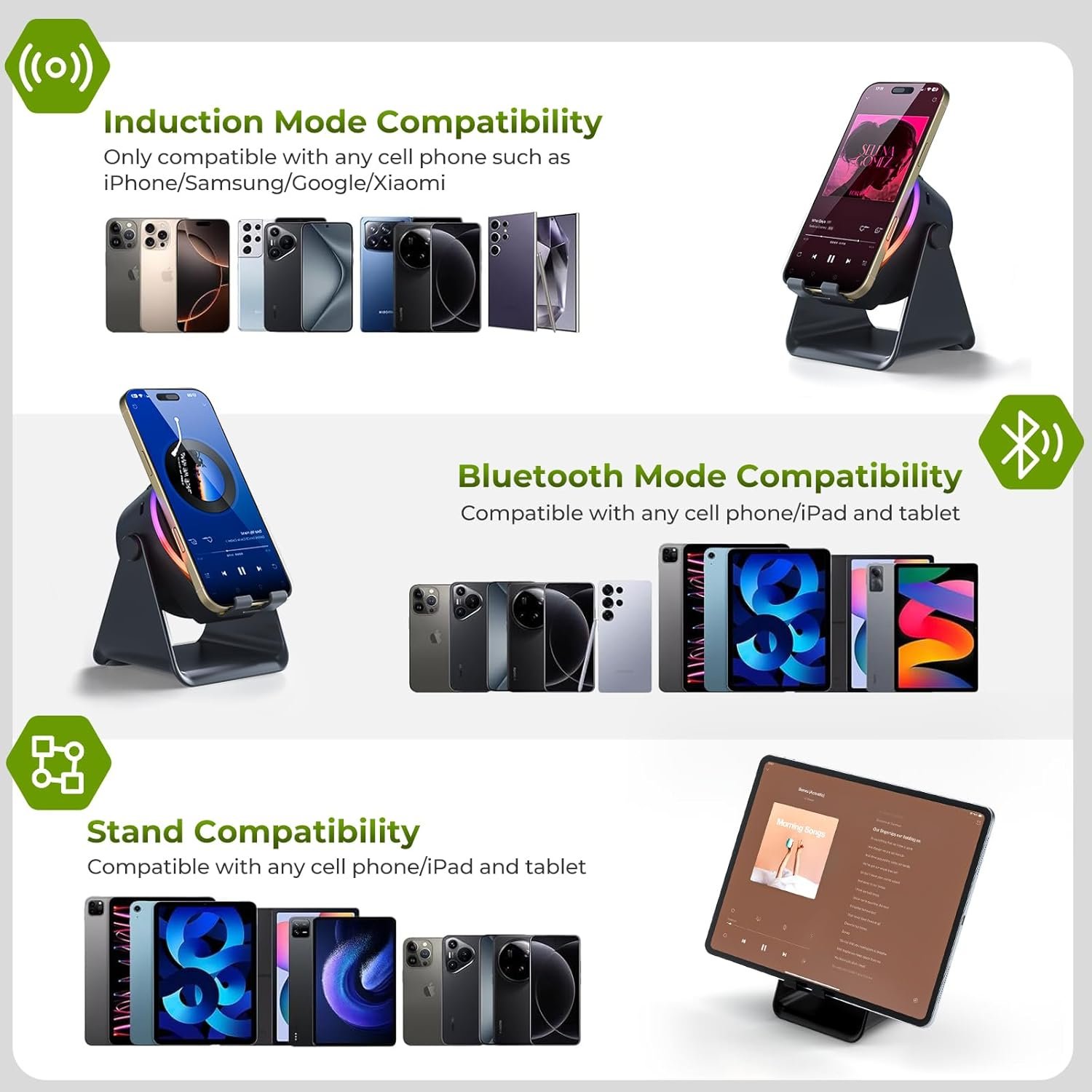 Wireless Induction Speaker, Phone Stand with Bluetooth Speaker Amplifier, Stereo Sound, RGB Ambient Light, 360° Adjustable Phone Holder Compatible with iPhone/iPad/Android/Samsung Galaxy-Black - Image 4