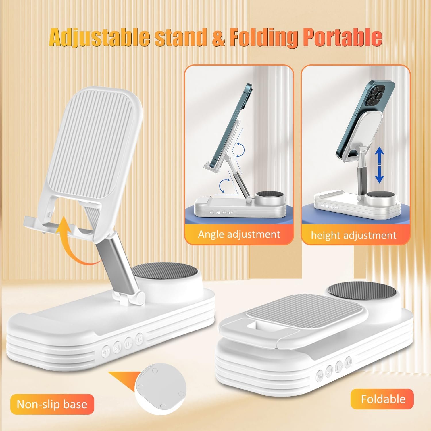 Cell Phone Stand with Wireless Bluetooth Speaker & Anti-Slip Base,HD Surround Sound,Portable Phone Stand,Suitable for Home & Outdoor,Compatible with iPhone,iPad and Samsung Galaxy(White) - Image 3