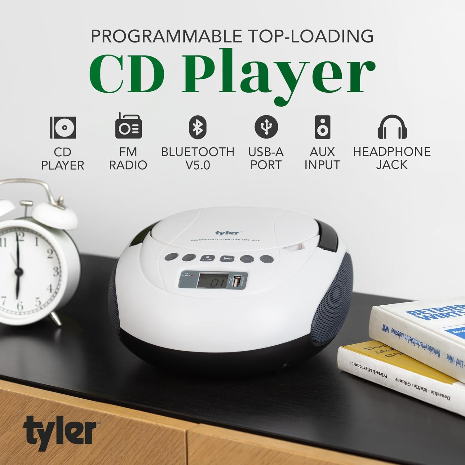 Tyler Portable CD Player Boombox with FM Radio, Bluetooth, and USB Port | Clear Stereo Sound | CD-R/RW and MP3 CDs Compatible | 3.5mm Aux Input and Headphone Jack | TAU107 - White - Image 2