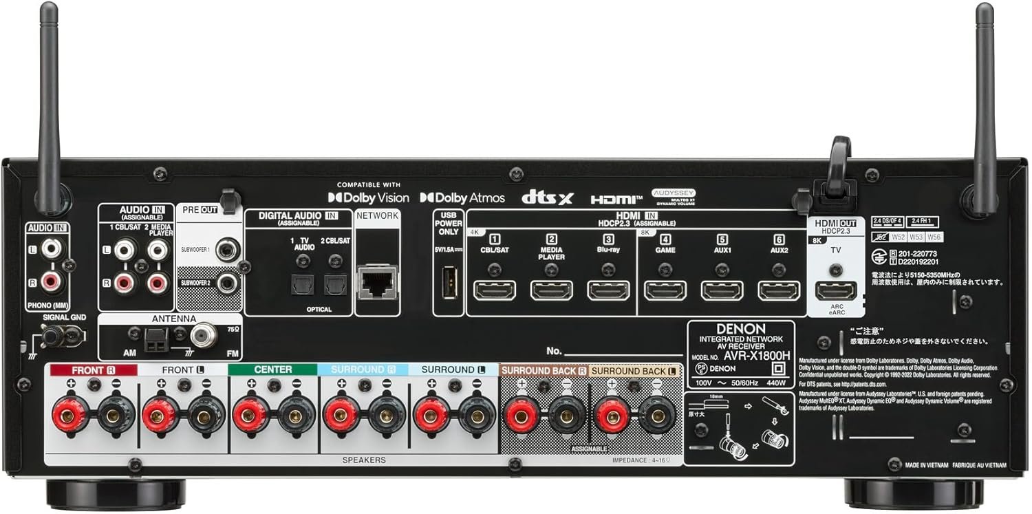 Denon AVR-X1800H 7.2 Channel AV Stereo Receiver - 80W/Channel, Wireless Streaming via Built-in HEOS, WiFi, & Bluetooth, Supports Dolby Vision, HDR10+, Dynamic HDR, & Home Automation Systems - Image 2
