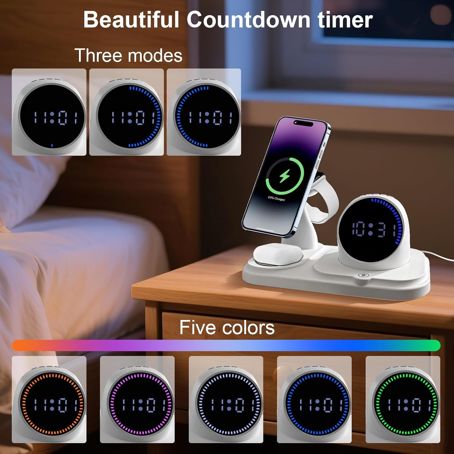 6 in 1 Wireless Charging Station with Bluetooth Speaker Fuction, Charging Stand for Multiple Devices for Apple iPhone 17 16 15 14 13 12 Pro Max Apple Watch Airpods, Digital Clock and Ambient Lights - Image 7