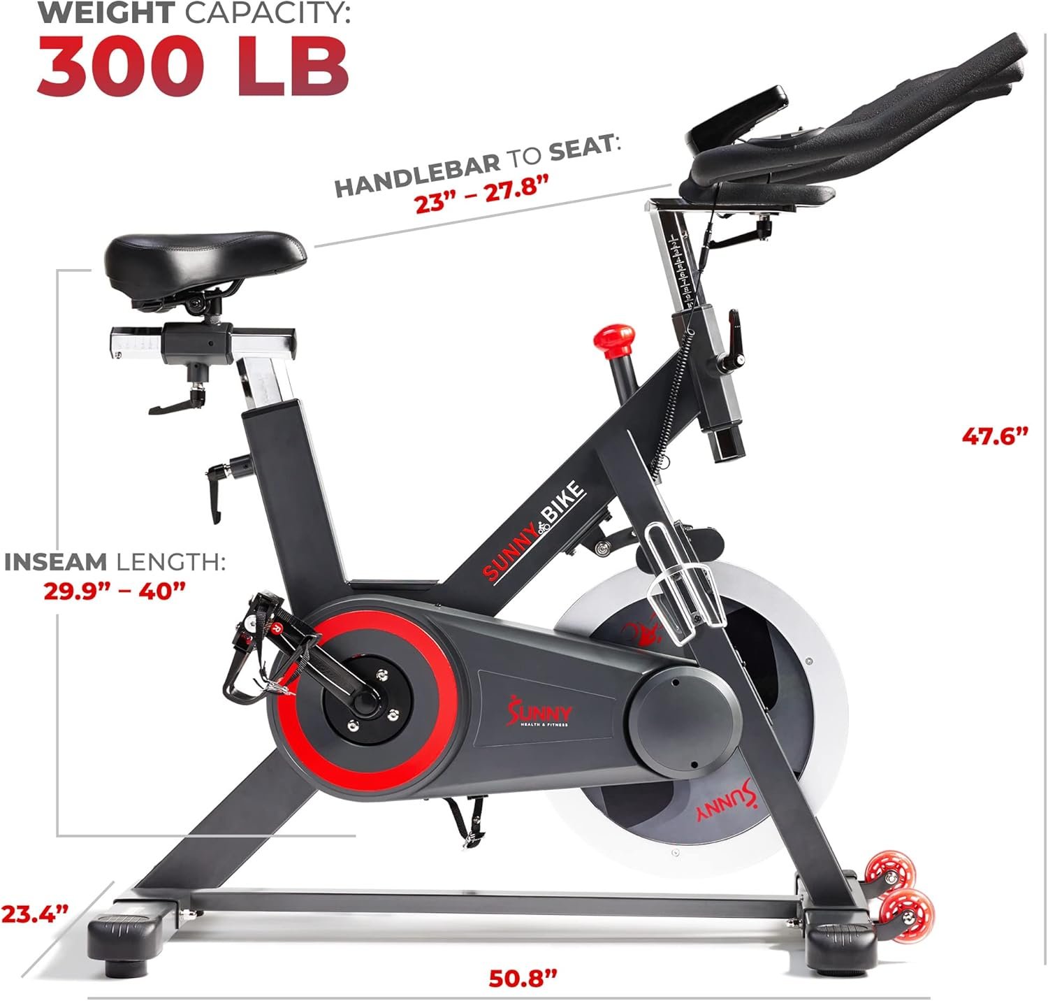 Sunny Health & Fitness Magnetic Exercise Bike, 44LB Flywheel & 300LB Weight Capacity for Intensive Home Workout, Indoor Cardio Training w/4-Way Adjustable Seat, Optional Free SunnyFit App Connection - Image 6