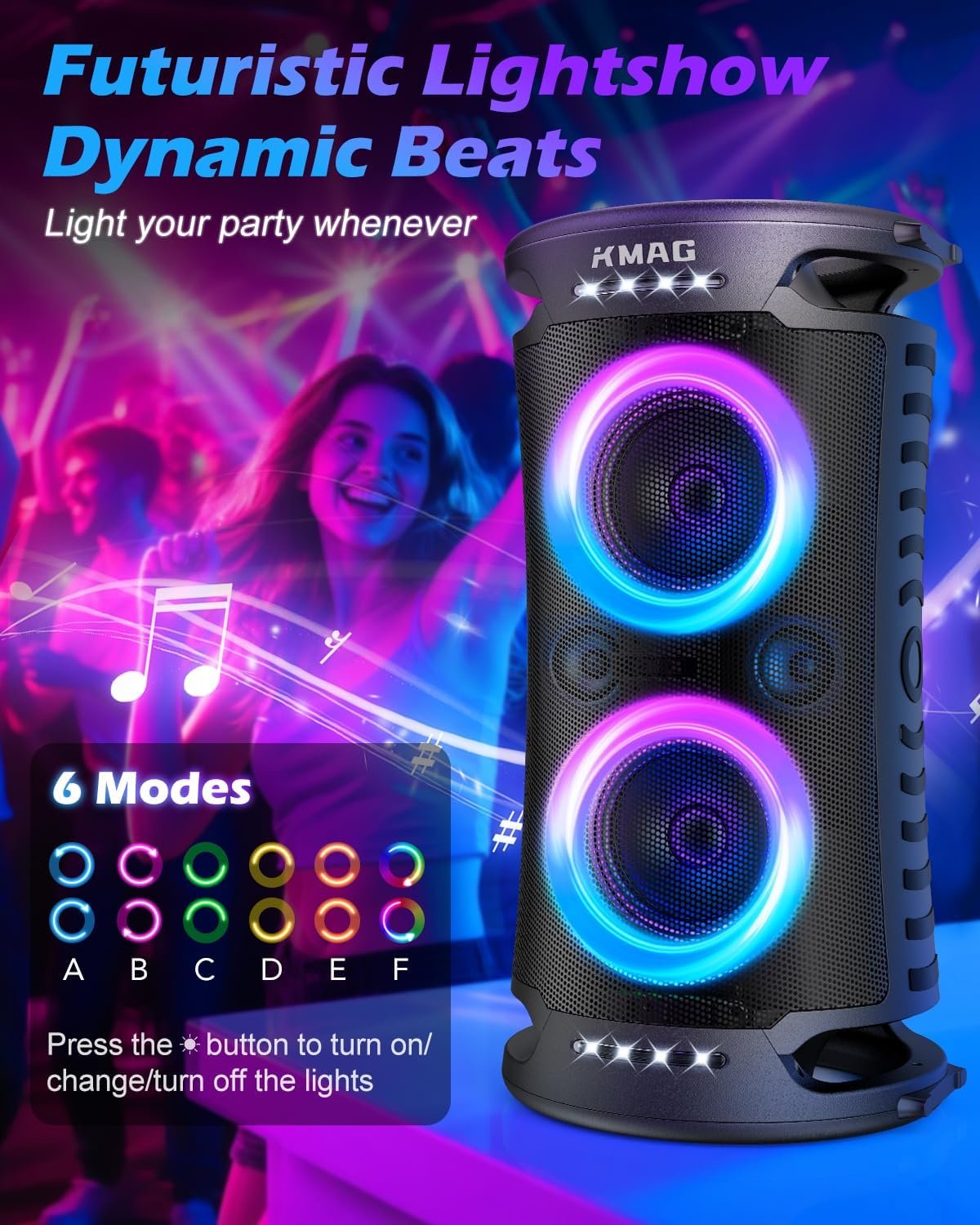 Large Party Bluetooth Speaker, 260W Peak Powerful Loud Sound with Deep Bass, 15Hr Playtime, Fast Charge, RGB Cool Light Show, TWS, Portable for Outdoor Beach, Camping, Backyard, Work, Home (Black) - Image 4