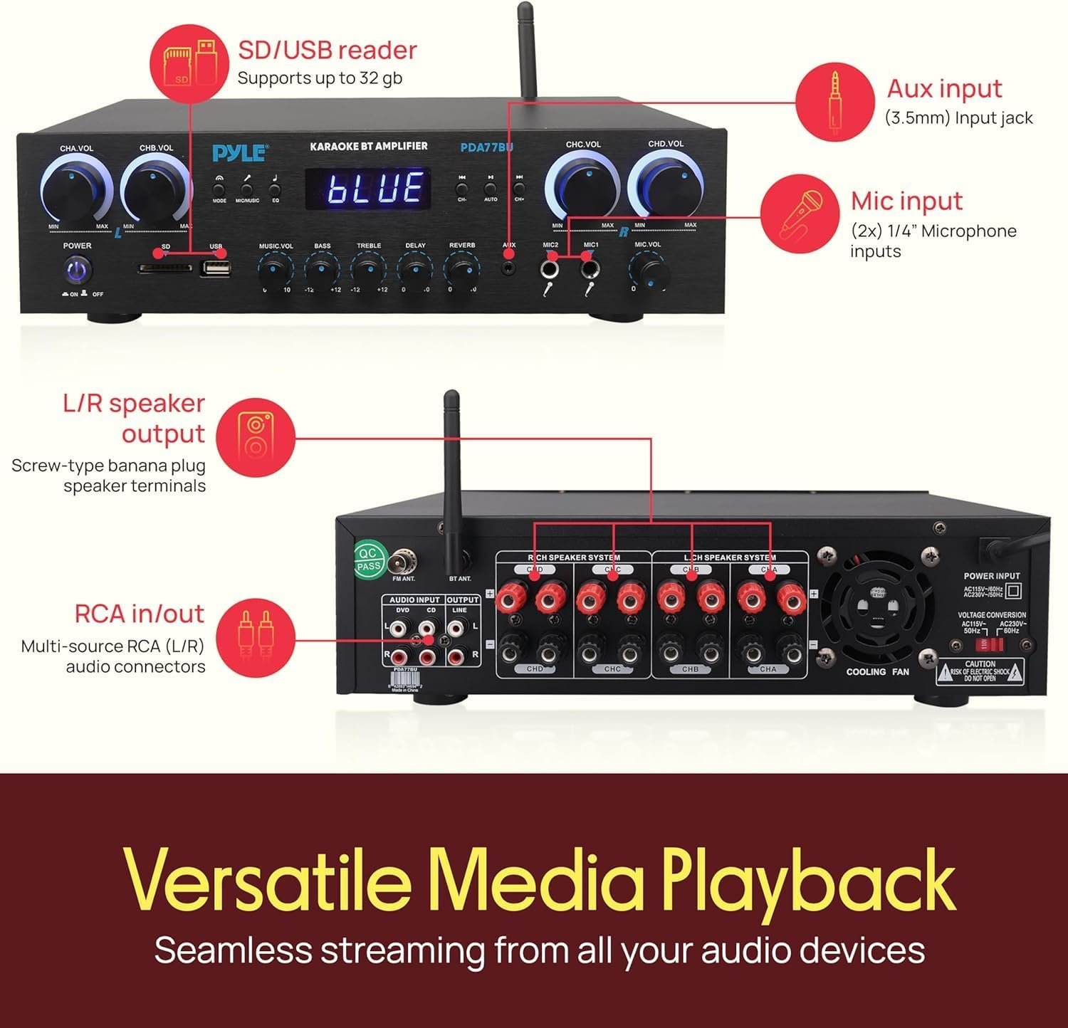 Pyle Home Stereo Receiver with Bluetooth - 4 Channel Amplifier, 800 Watt Max, USB-A Input w MP3 Player, Easy Karaoke Setup with Mic Vol, Reverb and Delay, RCA in/Out, SD Card, FM Radio - PDA77BU - Image 2