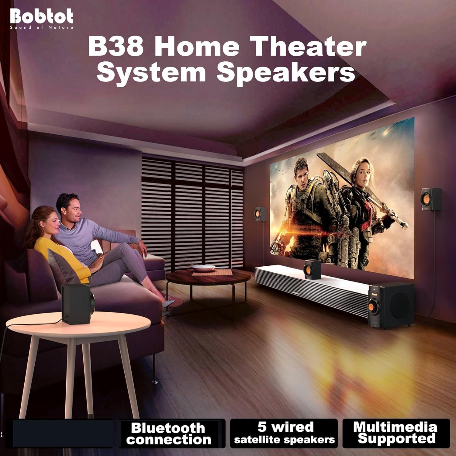 Bobtot Small Subwoofer Home Theater for TV Surround System 5 Wired Speakers Amplifier 4 inch Woofer Built-in Receiver Support ARC Optical Bluetooth Input for Projector - Image 3