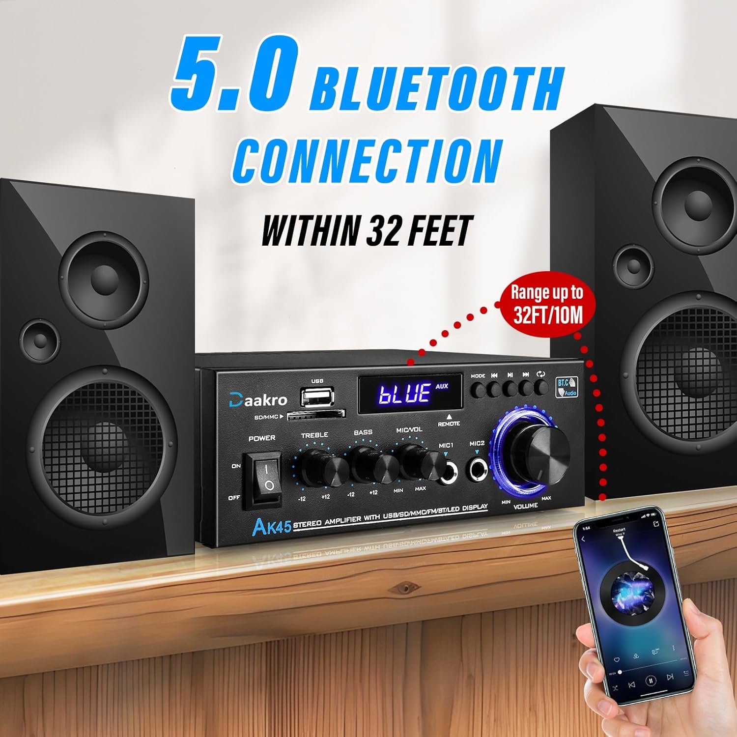 Daakro AK45 Stereo Audio Amplifier,300W Home 2 Channel Wireless Bluetooth 5.0 Power Amplifier System, Home Amplifiers FM Radio, USB, SD Card, with Remote Control Home Theater Audio Stereo System - Image 4