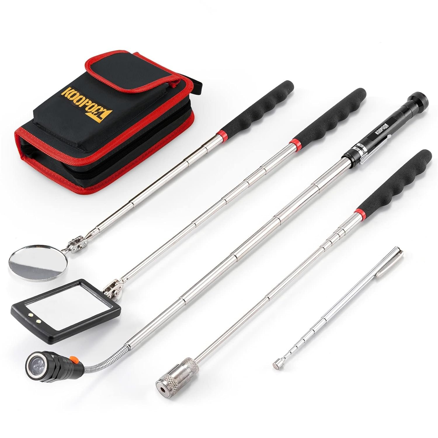 Telescoping Magnetic Pickup Tool Set, Inspection Mirror Telescoping, LED Flashlight, Cool Gadgets for Men, Stocking Stuffers, Gifts for Dad, Husband, Kids, Boyfriend, Magnet Stick (Red)
