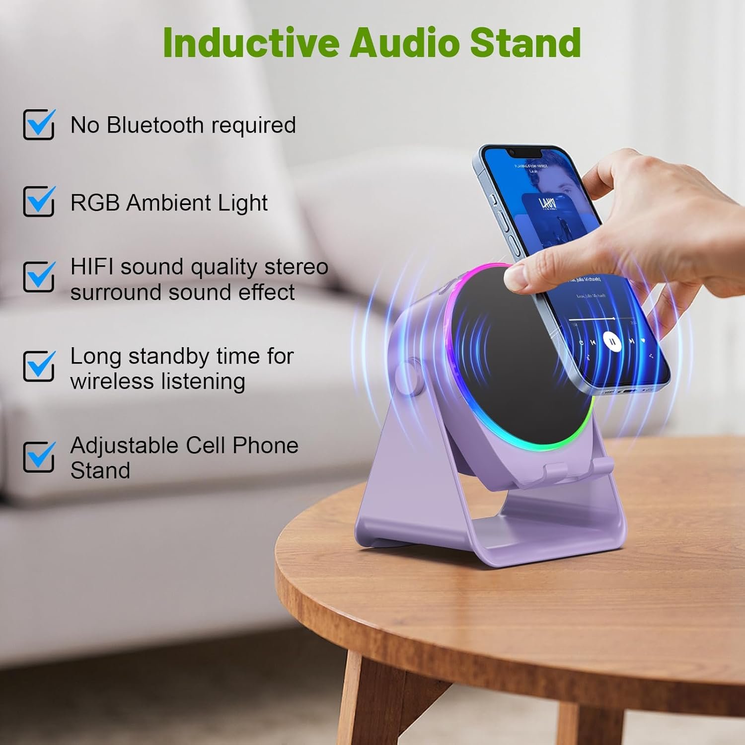 Wireless Induction Speaker, 4 in1 Phone Stand Bluetooth Speaker Amplifier with Colorful Ambient Light 360° Rotation Holder for Tablet iPhone Android,Portable Gifts for Adults Teens (Purple) - Image 3