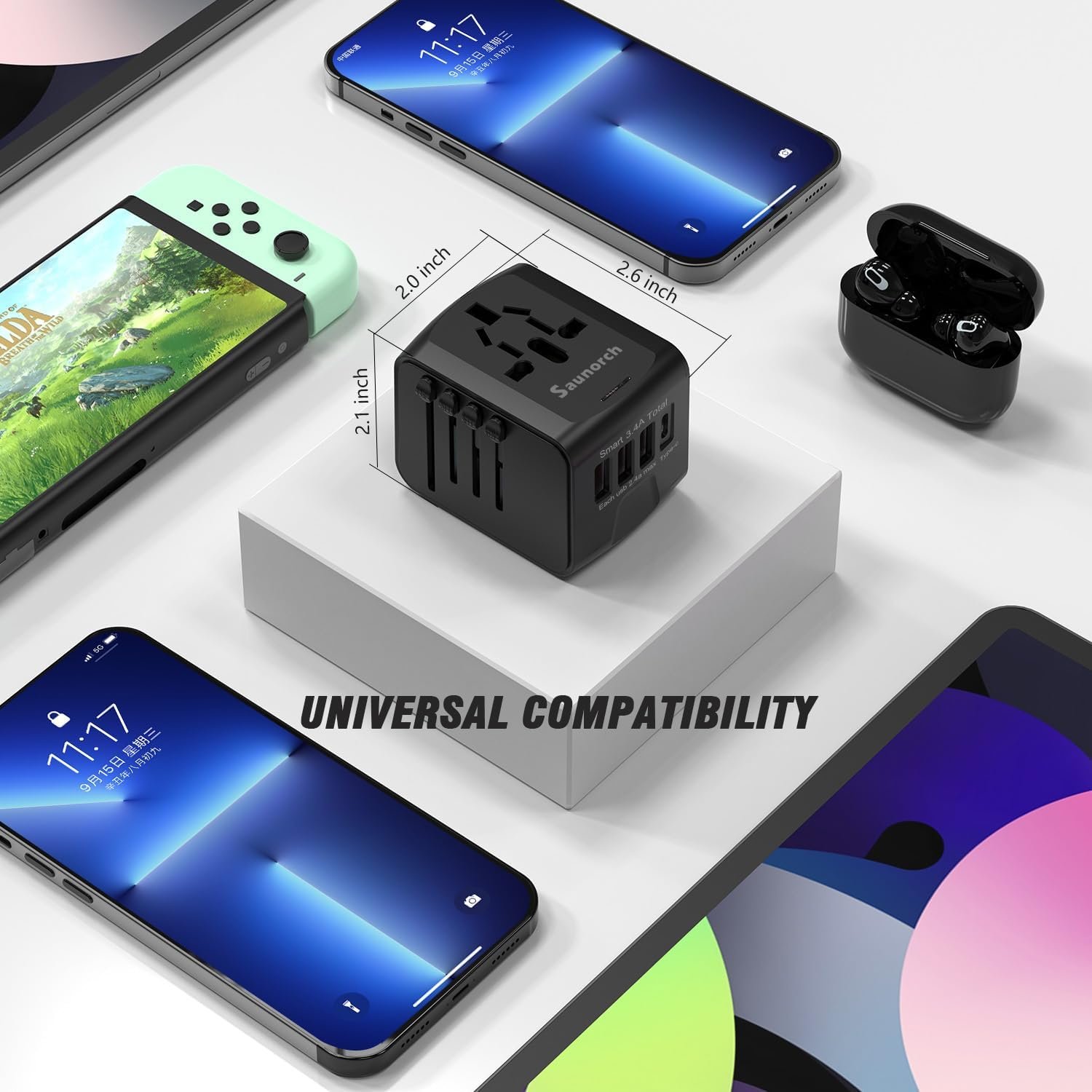 SAUNORCH Universal International Travel Power Adapter W/High Speed 2.4A USB, 3.0A Type-C Wall Charger, European Adapter, Worldwide AC Outlet Plugs Adapters for Europe, UK, US, AU, Asia-Black - Image 3