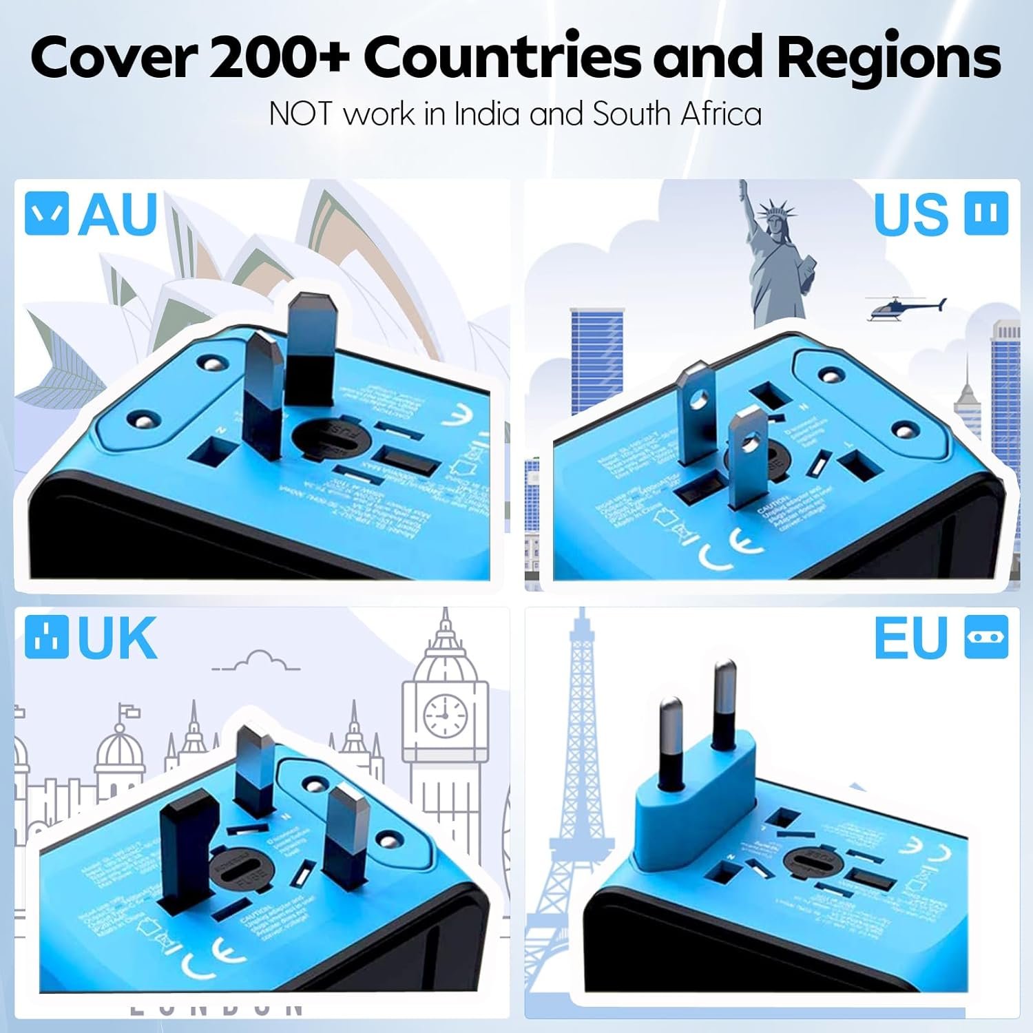 JMFONE Universal Travel Adapter, 4 USB C/A Ports & 2500W AC Outlets, All-in-One International Power Plug Adapter for All USB Devices, Worldwide Travel Charger for Europe US UK AU 200+ Countries (Blue) - Image 5