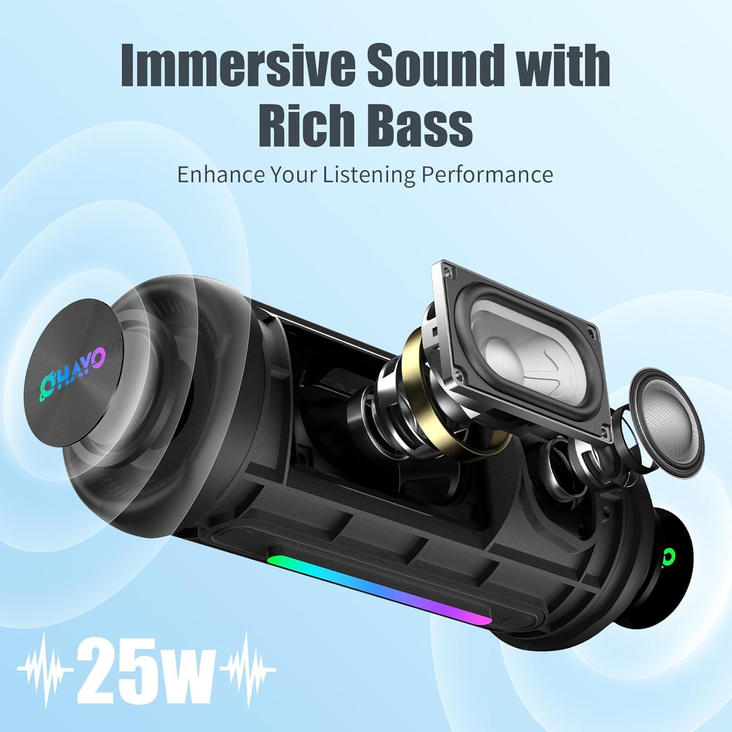 Bluetooth Speaker Wireless Loud Stereo Sound IPX7 Waterproof Outdoor Portable 25W Super Bass Speakers for Home Party Beach with 24H Playtime Colorful Lights BT 5.3 TWS Pairing Birthday Gift Black - Image 3