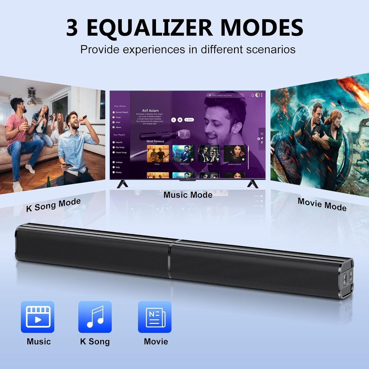 Sound Bar, 80W SoundBar for Smart TV, 2026 Bluetooth 5.3 Soundbar, Home Theater Surround Sound, 2 in 1 Detachable Home Speaker Bass, ARC/Optical/AUX/Connections, for TV/PC/Projectors - Image 3