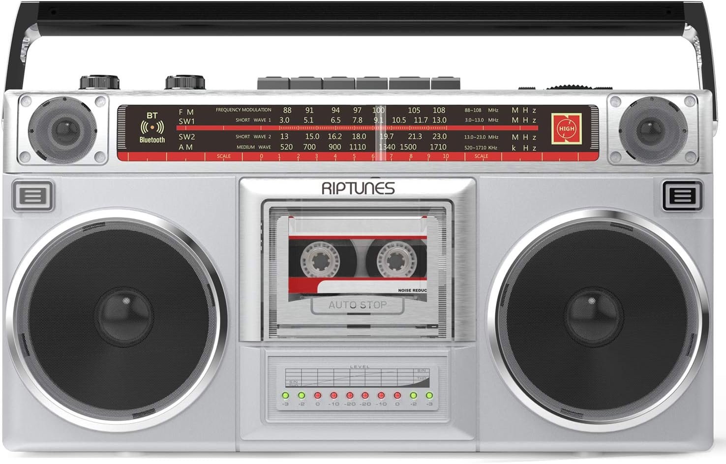 RIPTUNES Boombox Radio Cassette Player Recorder, AM/FM -SW1/SW2 Radio, Wireless Streaming, USB/Micro SD Slots, Aux in, Headphone Jack, Convert Cassettes to USB/SD, Classic 80s Style Retro, Silver