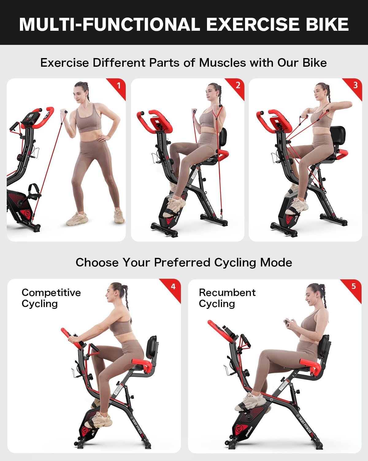 pooboo Folding Exercise Bike, Foldable Upright Stationary Bike, Indoor Cycling Magnetic X-Bike with 8-Level Adjustable Resistance, 6.6 LBS Flywheel, 300LB Capacity, Back Support Cushion for Home Gym - Image 3