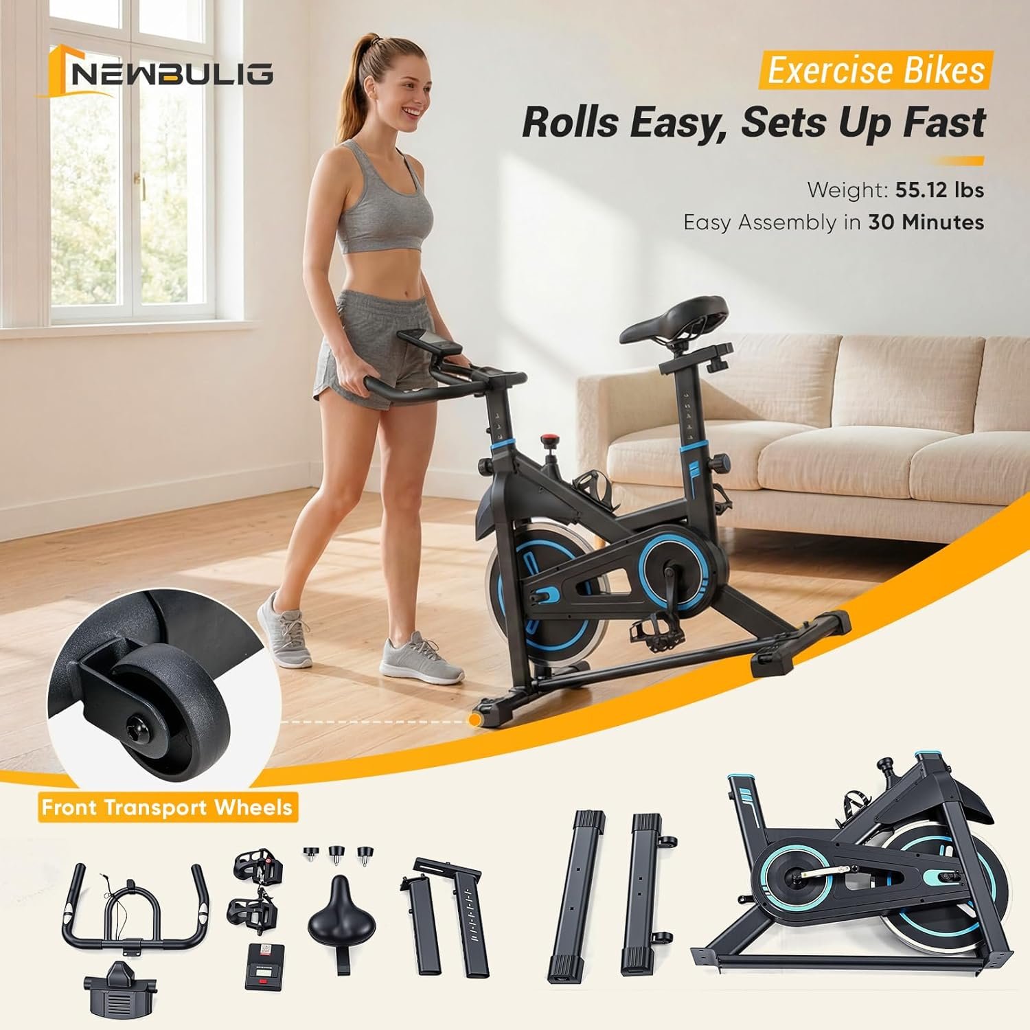 NEWBULIG Exercise Bike with APP, Stationary Bikes for Home, Workout Bike for Adults & Seniors, Cycle Machine, Adjustable Height and Resistance, Low Noise, 265lbs Weight Capacity, Easy Assembly - Image 6