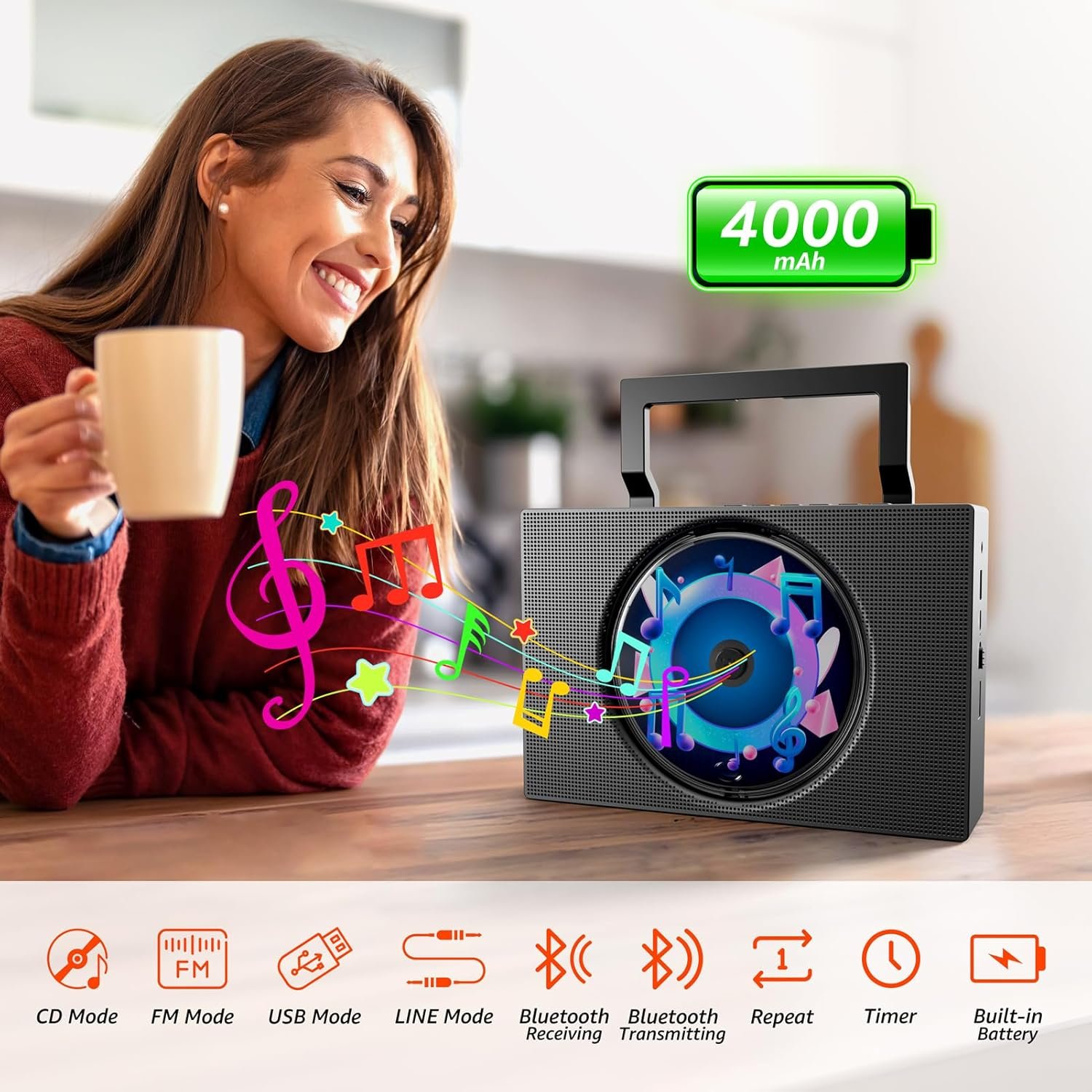 Portable CD Player Boombox with Bluetooth - Rechargeable CD Player with FM Radio, USB, AUX, Remote Control - Stereo Sound System with 4000mAh Battery - Supports CD/CD-R/CD-RW/MP3/WMA - Image 2