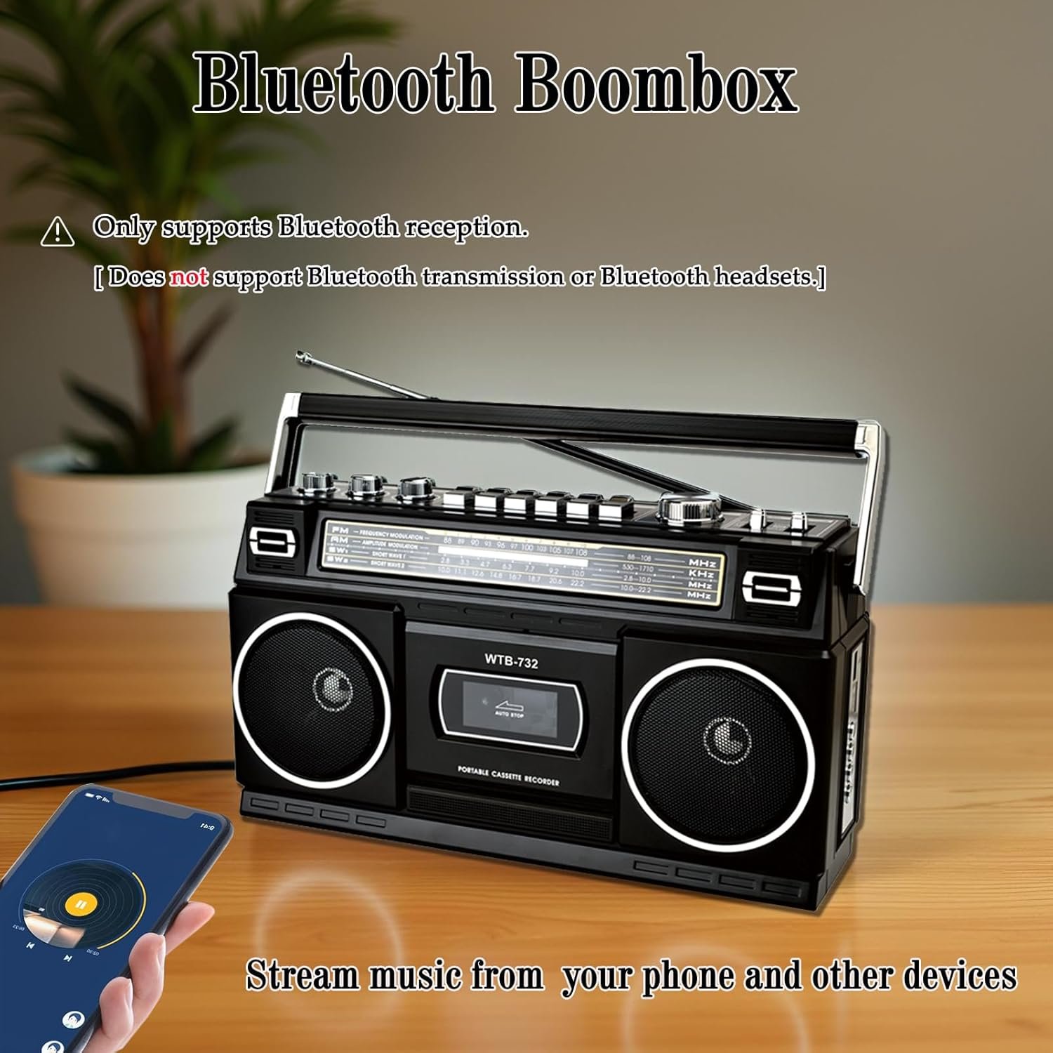 Retro Classic 80s Style Portable Boombox with Cassette Player Recorder, AM/FM/SW1/SW2 Radio, Bluetooth, USB/Micro SD Slots, Headphone Jack, 24W Dual Full-Range High Bass Speakers - Image 4