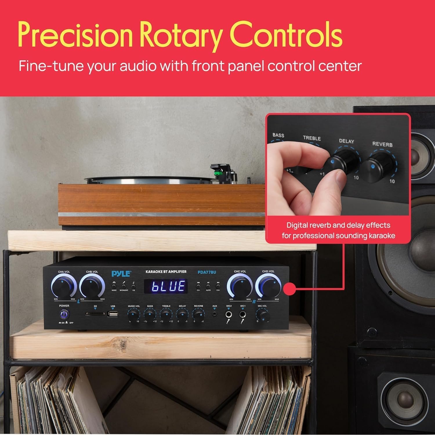Pyle Home Stereo Receiver with Bluetooth - 4 Channel Amplifier, 800 Watt Max, USB-A Input w MP3 Player, Easy Karaoke Setup with Mic Vol, Reverb and Delay, RCA in/Out, SD Card, FM Radio - PDA77BU - Image 4
