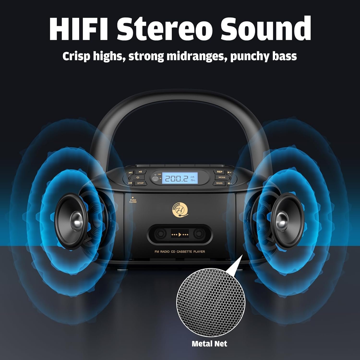 CD Cassette Player Combo, Hernpark Rechargeable Boombox with Bluetooth 5.1, Tape Recording, FM Radio, Super Bass, Stereo Sound, Aux/USB Drive, Headphones Jack, Boom Box for Indoor Outdoor - Image 5