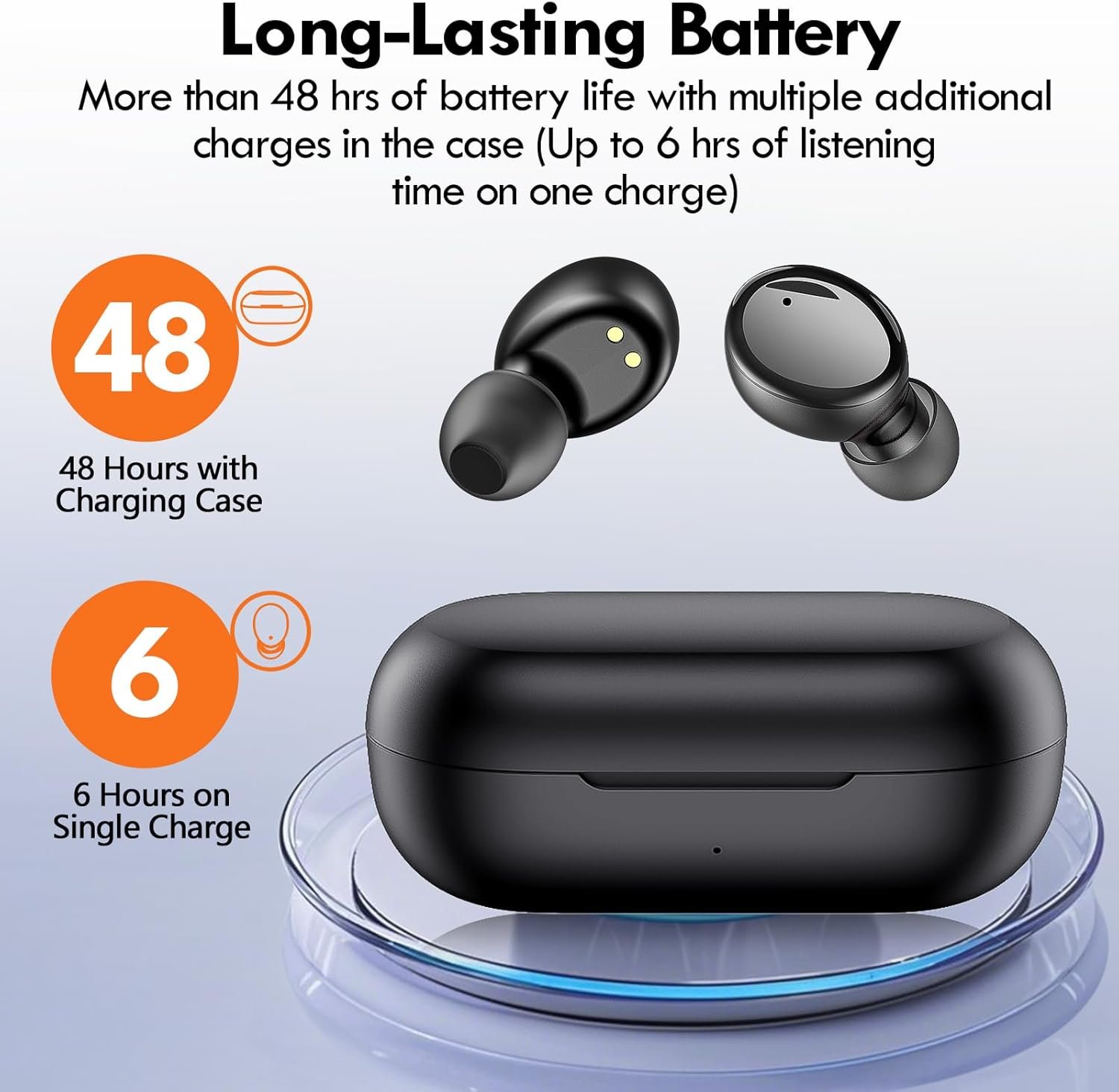 Lanteso True Wireless Bluetooth 5.4 Earbuds, 48H Playtime, Light Weight in Ear Headphones with Built in Mic, Premium Sound with Deep Bass, Clear Calls for Sports Workout, Black - Image 2