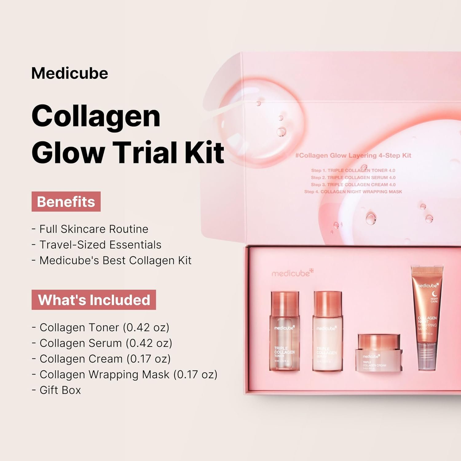 medicube Glass Skin Collagen Trial Kit | Korean Skincare Set and Kit | Gifts for women | 4-Step Skincare Set for glowy skin | Travel Size - Image 2