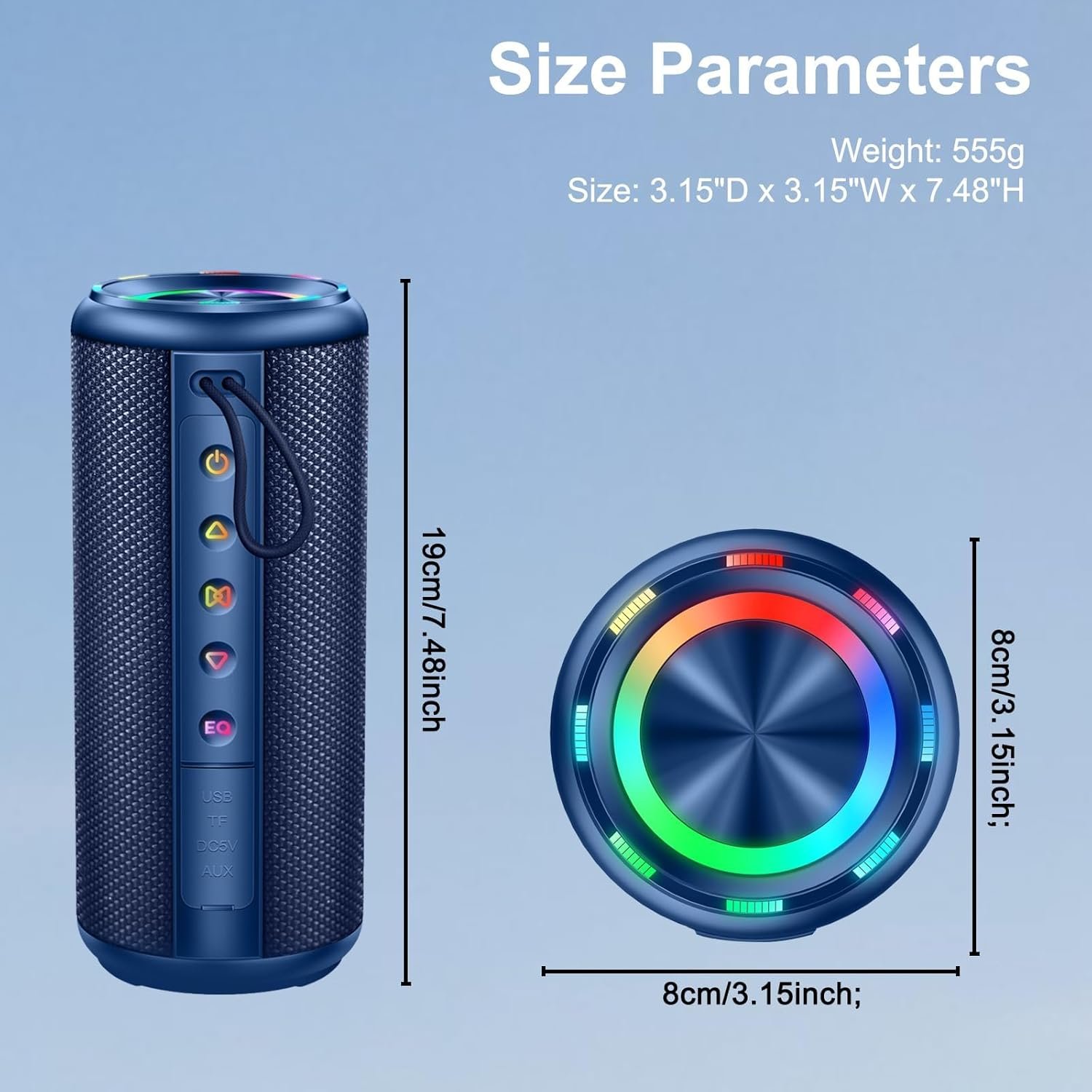 Portable Bluetooth Speaker, Bluetooth 5.4 Wireless Speaker with 20W HD Loud Stereo Sound, 20H Playtime, IP7 Waterproof, LED Lights, TWS Pairing, Built-in Mic, for Outdoor, Party, Home, Gift, Blue - Image 8