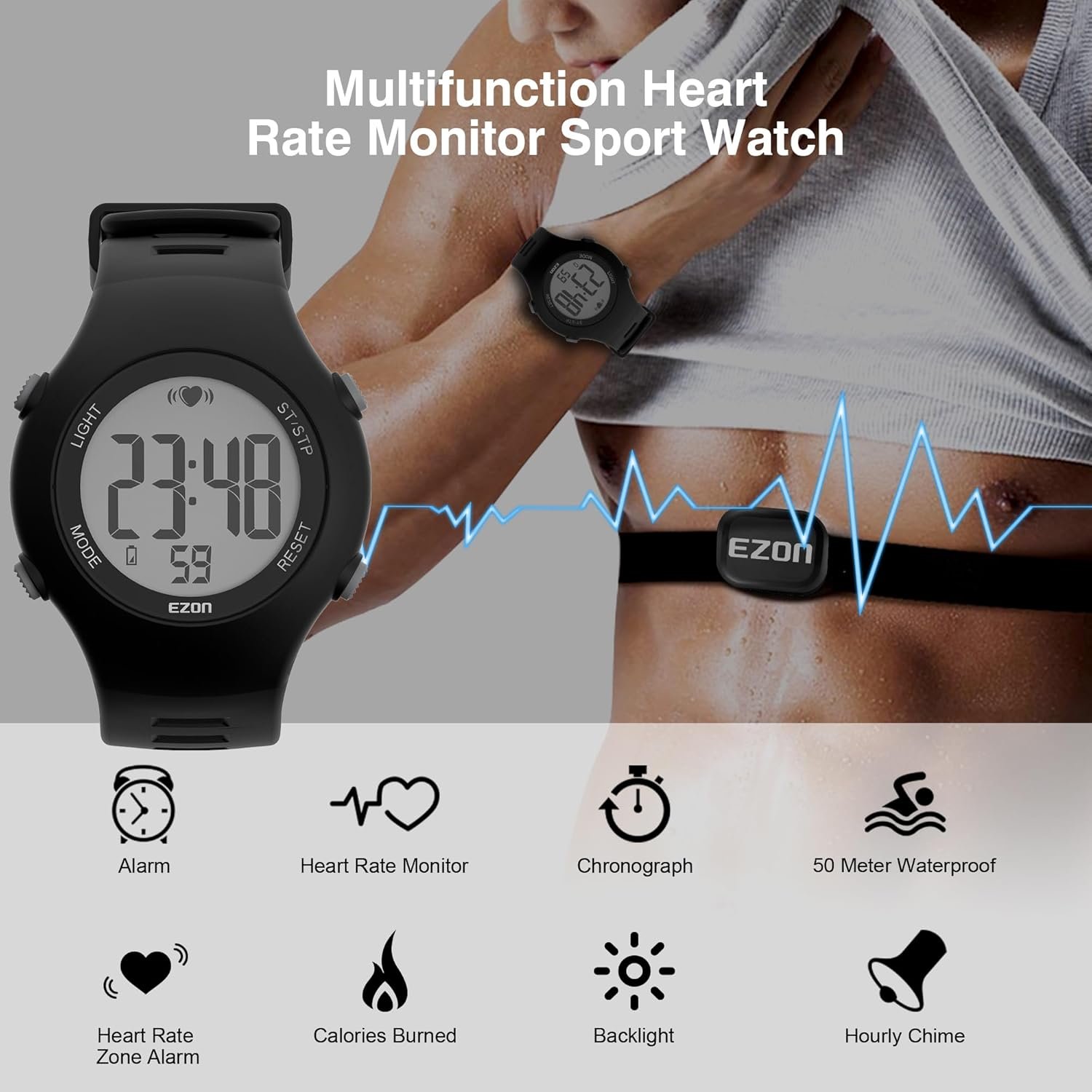 EZON Heart Rate Monitor Chest Strap and Digital Watch,5ATM Waterproof Fitness Tracker with HRM,Calories Burned,Stopwatch and Hourly Chime - Ideal Fitness Presents for Men and Women - Image 2