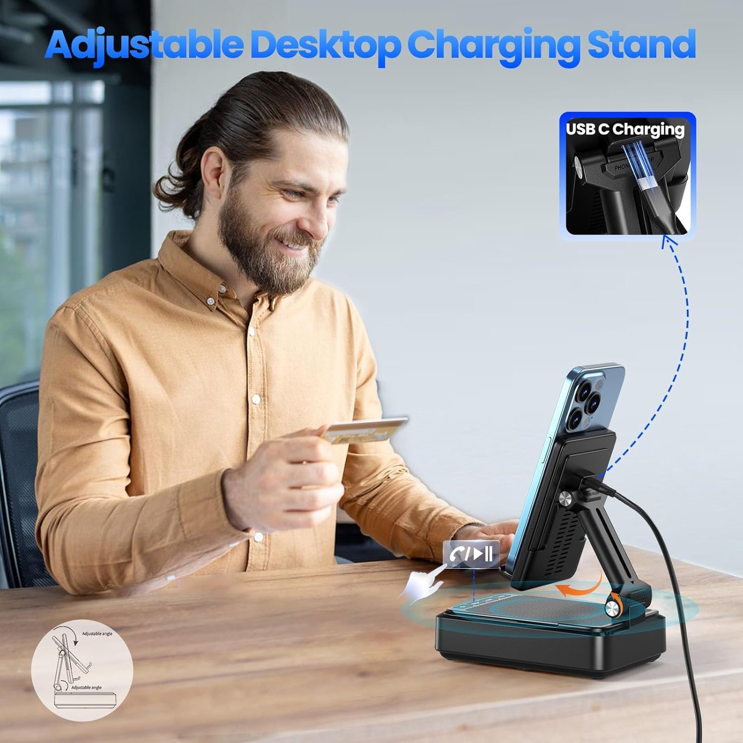 Jteman Cell Phone Stand with Bluetooth Speaker and Wireless Charger, Desktop Charging Station Stand Speaker for iPhone, Christmas Birthday Gift for Men Women (Black) - Image 6