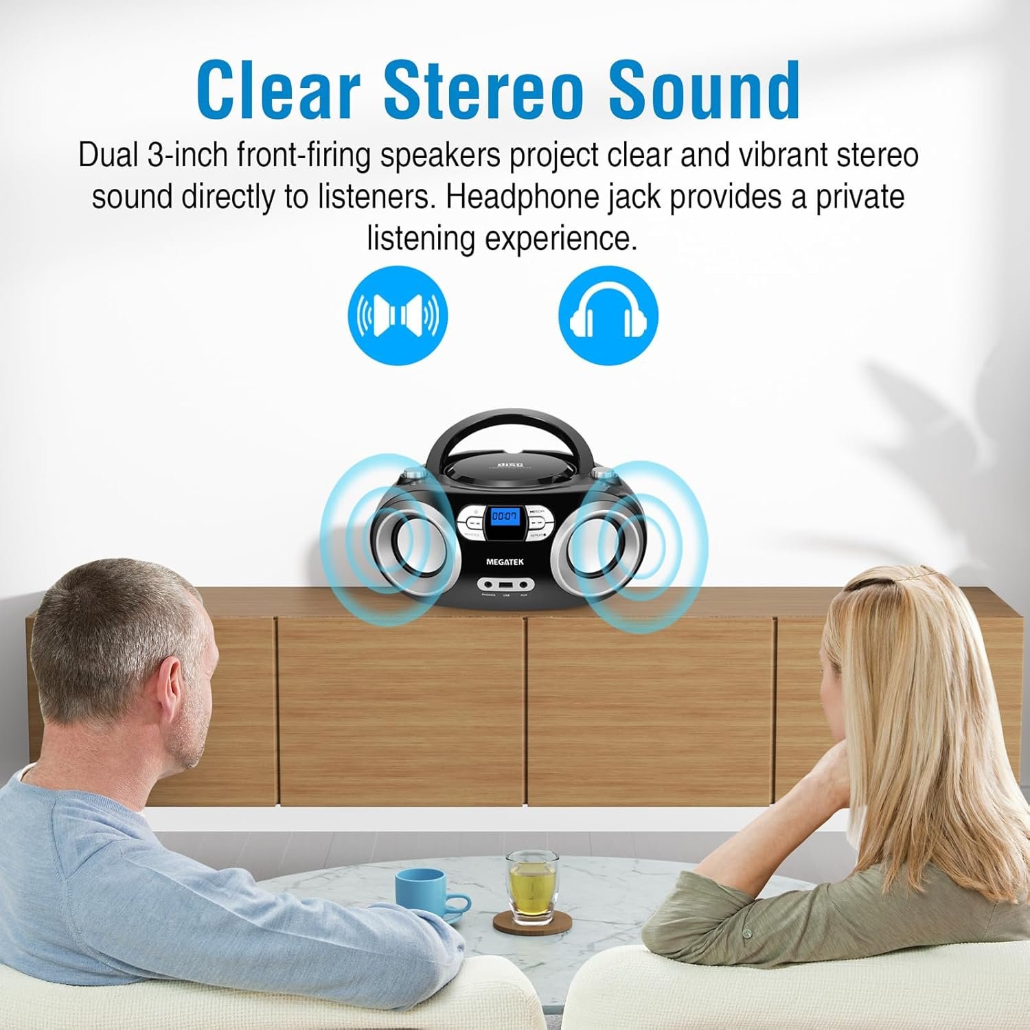 MEGATEK Portable CD Player Boombox with FM Radio, Bluetooth, USB Port, AUX Input, and Headphone Jack – CD-R/CD-RW/MP3-CD Compatible, Clear Stereo Sound, Backlit LCD Display – Black - Image 3