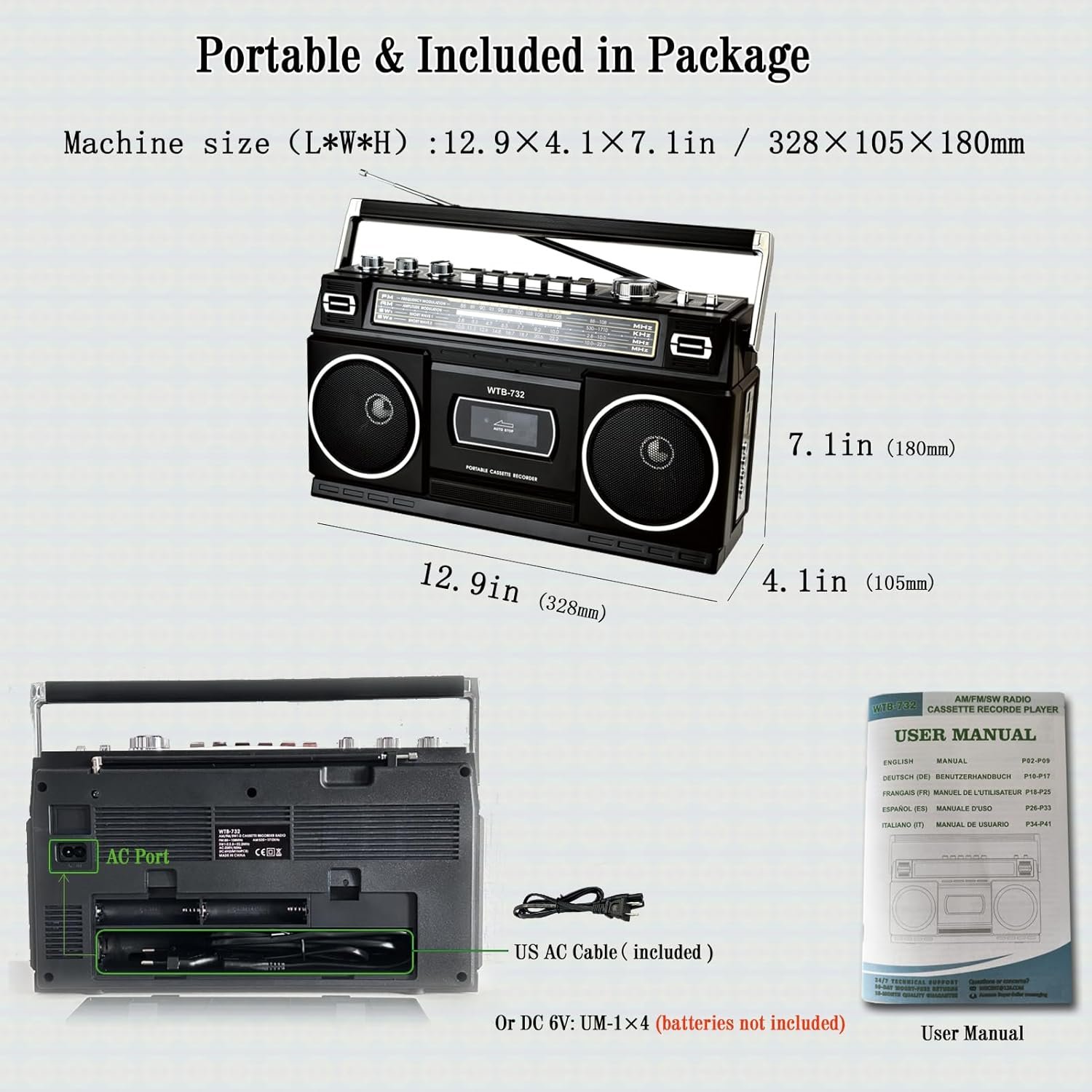 Retro Classic 80s Style Portable Boombox with Cassette Player Recorder, AM/FM/SW1/SW2 Radio, Bluetooth, USB/Micro SD Slots, Headphone Jack, 24W Dual Full-Range High Bass Speakers - Image 8