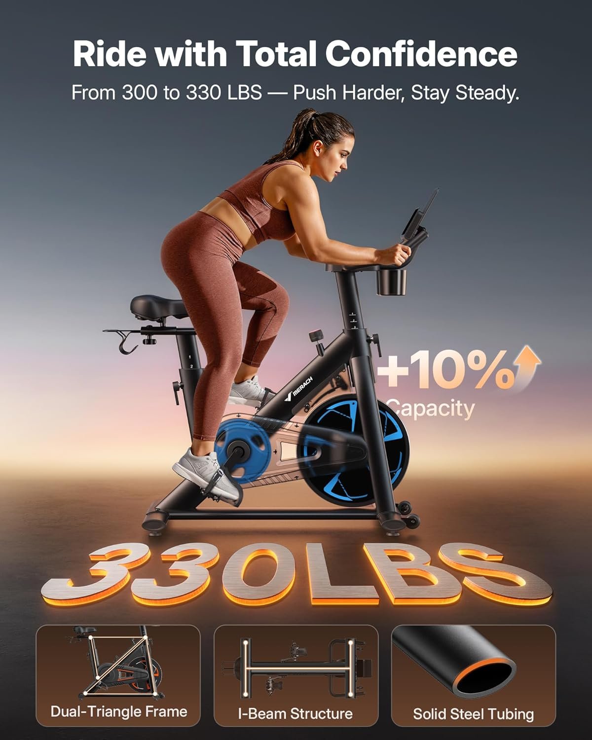 Merach Magnetic Exercise Bike, Low Noise Stationary Bike for Home with Comfortable Seat Cushion, Spinning Bike with 330 lb Weight Capacity, Exclusive App, Tablet Mount and Fitness Courses - Image 2