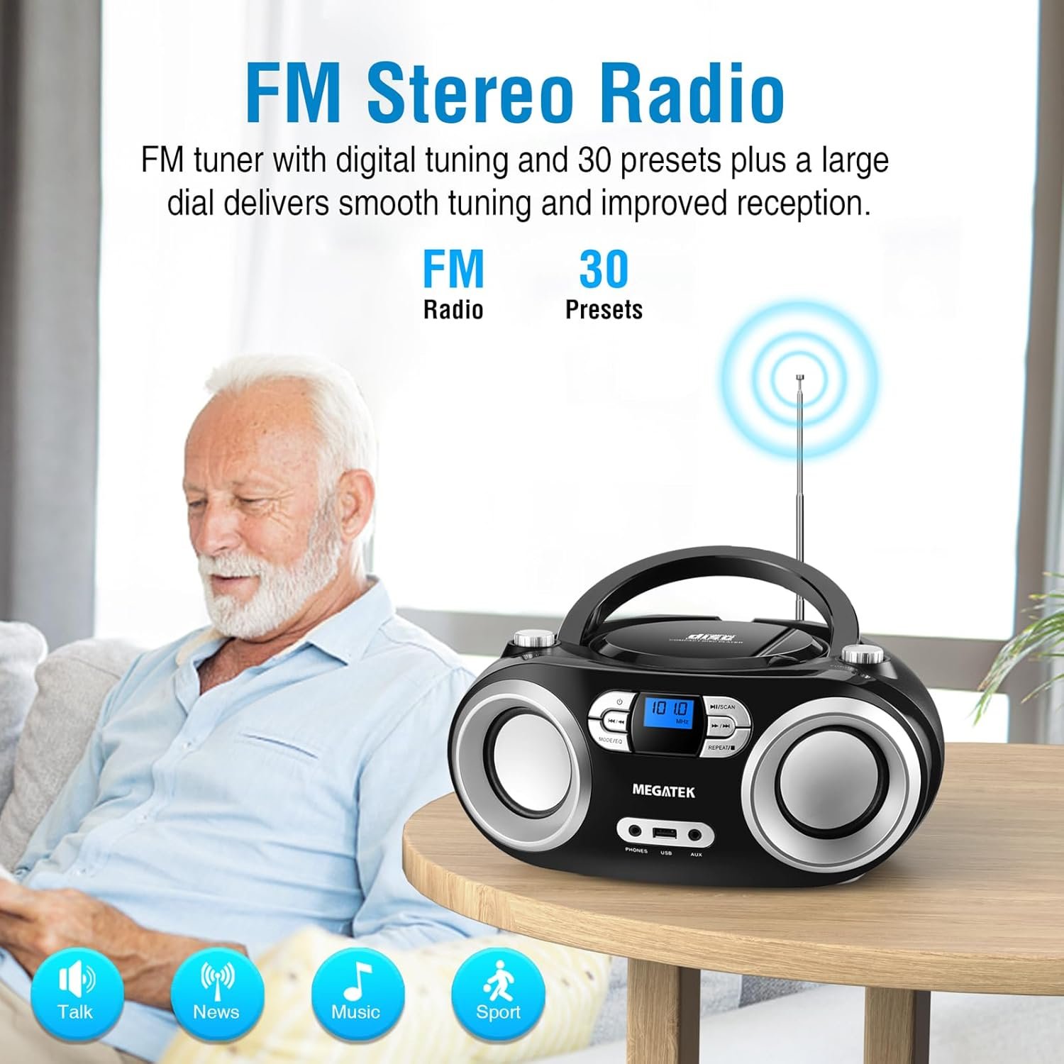 MEGATEK Portable CD Player Boombox with FM Radio, Bluetooth, USB Port, AUX Input, and Headphone Jack – CD-R/CD-RW/MP3-CD Compatible, Clear Stereo Sound, Backlit LCD Display – Black - Image 7