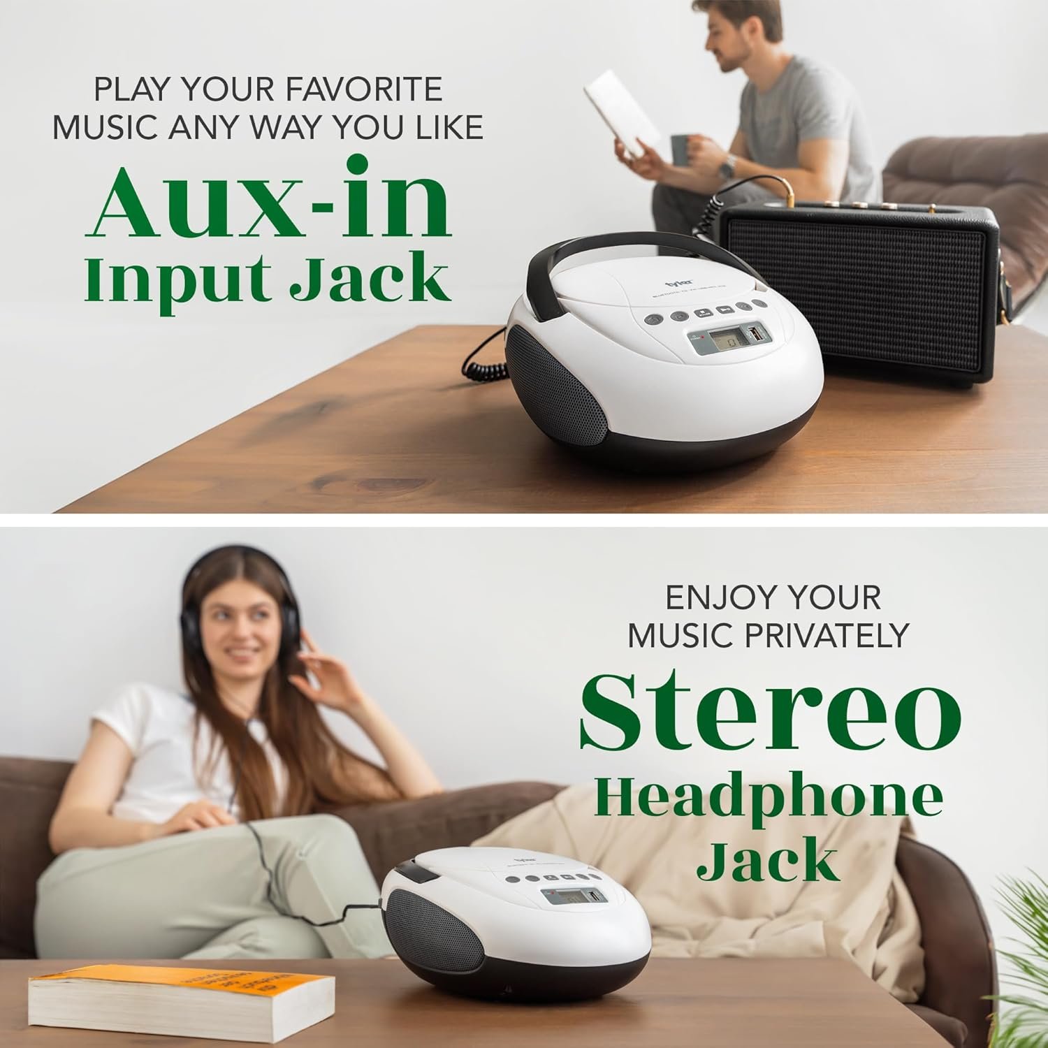 Tyler Portable CD Player Boombox with FM Radio, Bluetooth, and USB Port | Clear Stereo Sound | CD-R/RW and MP3 CDs Compatible | 3.5mm Aux Input and Headphone Jack | TAU107 - White - Image 6