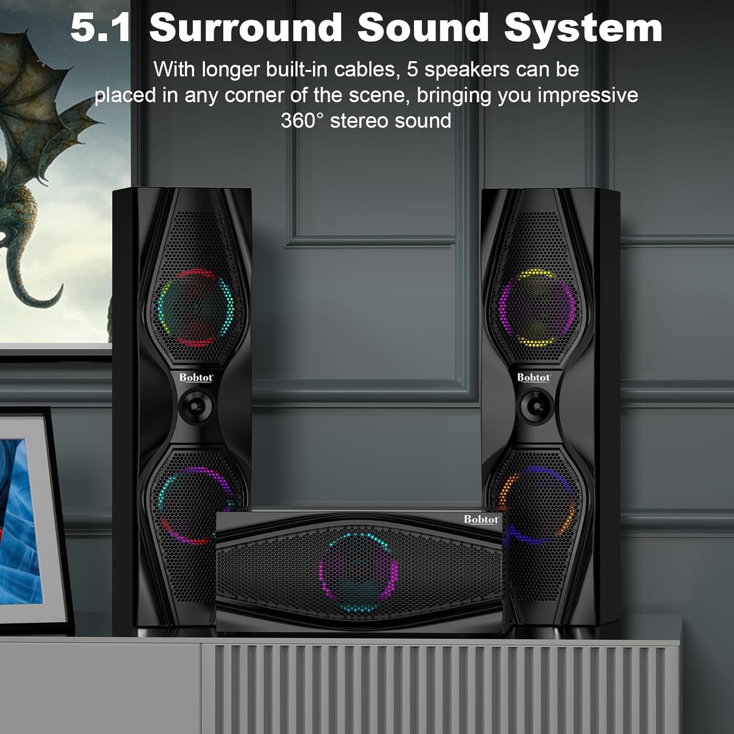 Bobtot Surround Sound Systems Home Theater System - 1200 Watts Peak Power 10" Subwoofer 5.1/2.1 Wired Audio Stereo Speakers Strong Bass with ARC Optical AUX Bluetooth Input - Image 5
