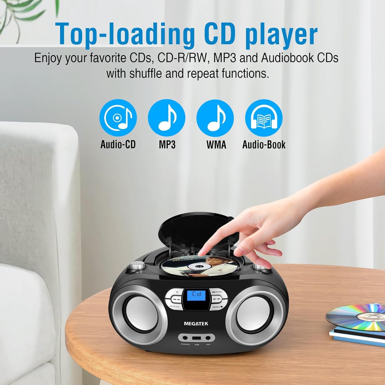 MEGATEK Portable CD Player Boombox with FM Radio, Bluetooth, USB Port, AUX Input, and Headphone Jack – CD-R/CD-RW/MP3-CD Compatible, Clear Stereo Sound, Backlit LCD Display – Black - Image 6