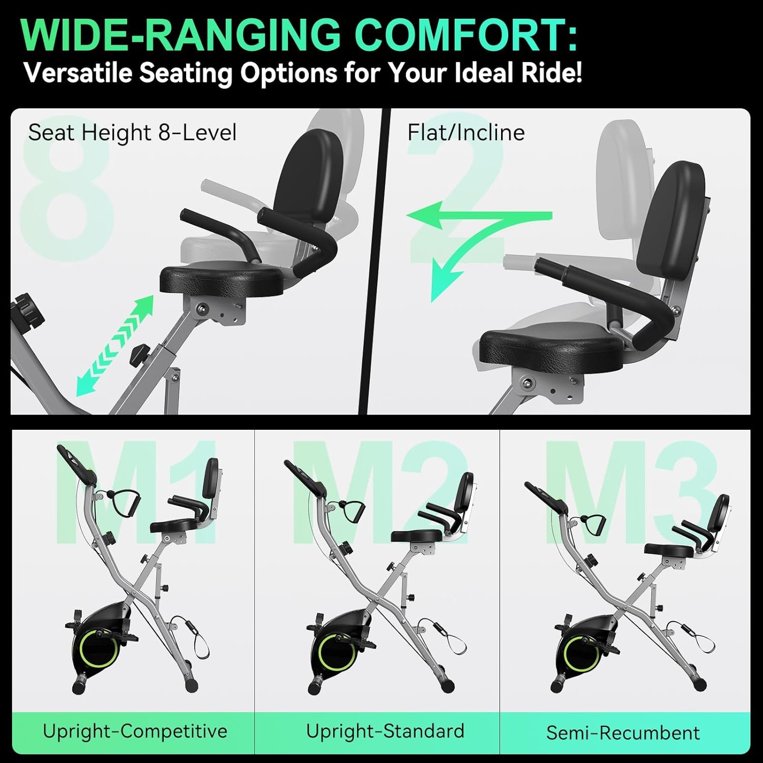 USLIM Foldable Exercise Bike Stationary Bikes for Home, 5 IN 1 Indoor Workout Bike, Cycling Bike with 16-Level Quiet Magnetic Resistance, 6.6 LBS Flywheel and 300LBS Capacity for Senior and Home Workout - Image 3