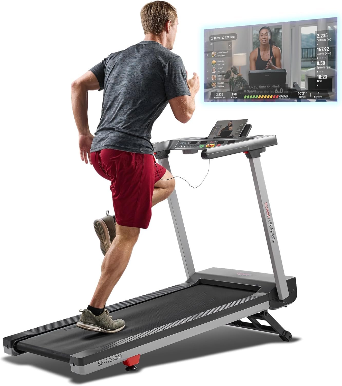 Sunny Health & Fitness Fully Assembled OneClick-Fold 20" Smart Treadmill with Auto Incline & SunnyFit App