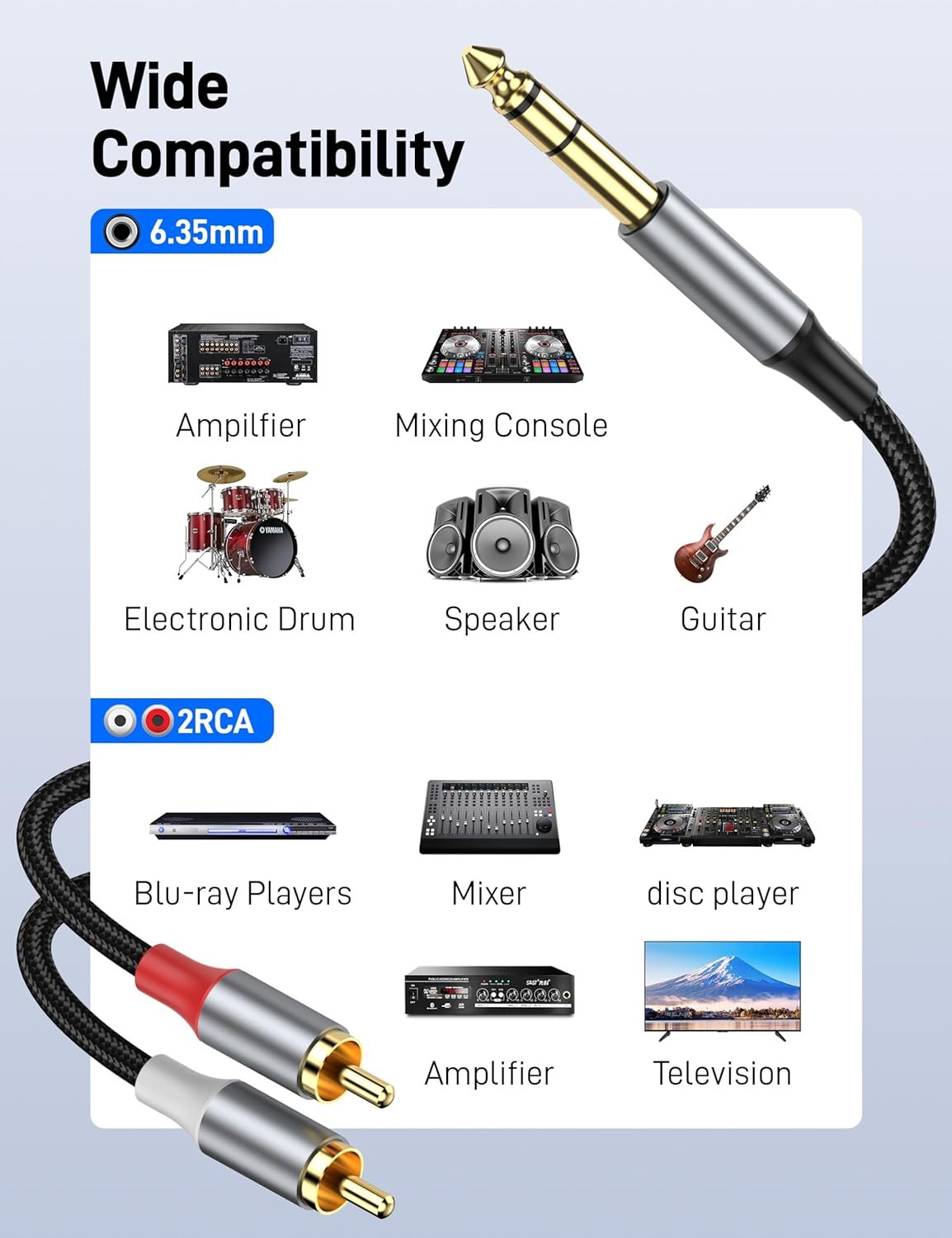 1/4" to Dual RCA Audio Cable 3.3FT, 6.35mm Stereo Jack to RCA Male Audio Y Splitter Cable for AV Receiver, Amplifier, Speaker. - Image 3