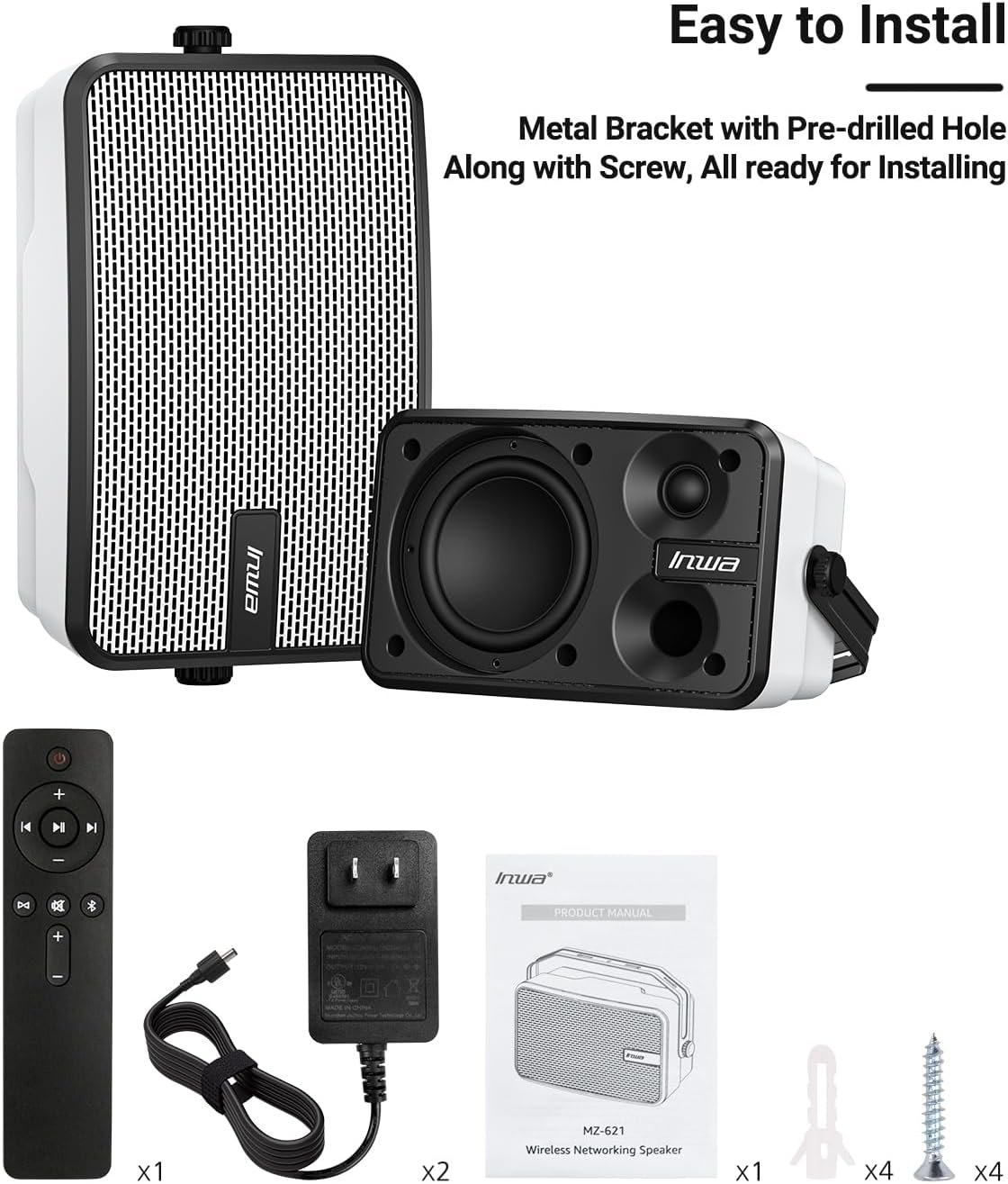 Inwa Outdoor Bluetooth Speakers, IPX5 Waterproof 400W Wall Mount Speaker, Powerful Indoor/Outdoor Sound System, Wireless Sync Up to 100 Speakers, Suitable for Patio/Porch/Gazebo/Garage(MZ-621, Pair) - Image 7